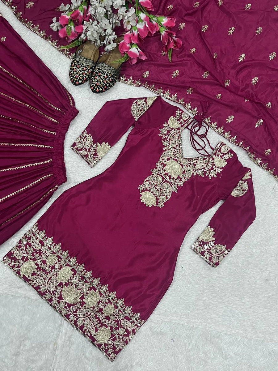 Stylish & Elegant Wine Georgette Chinon 3-Piece Set with Front & Back Embroidery and Net Dupatta main image 0