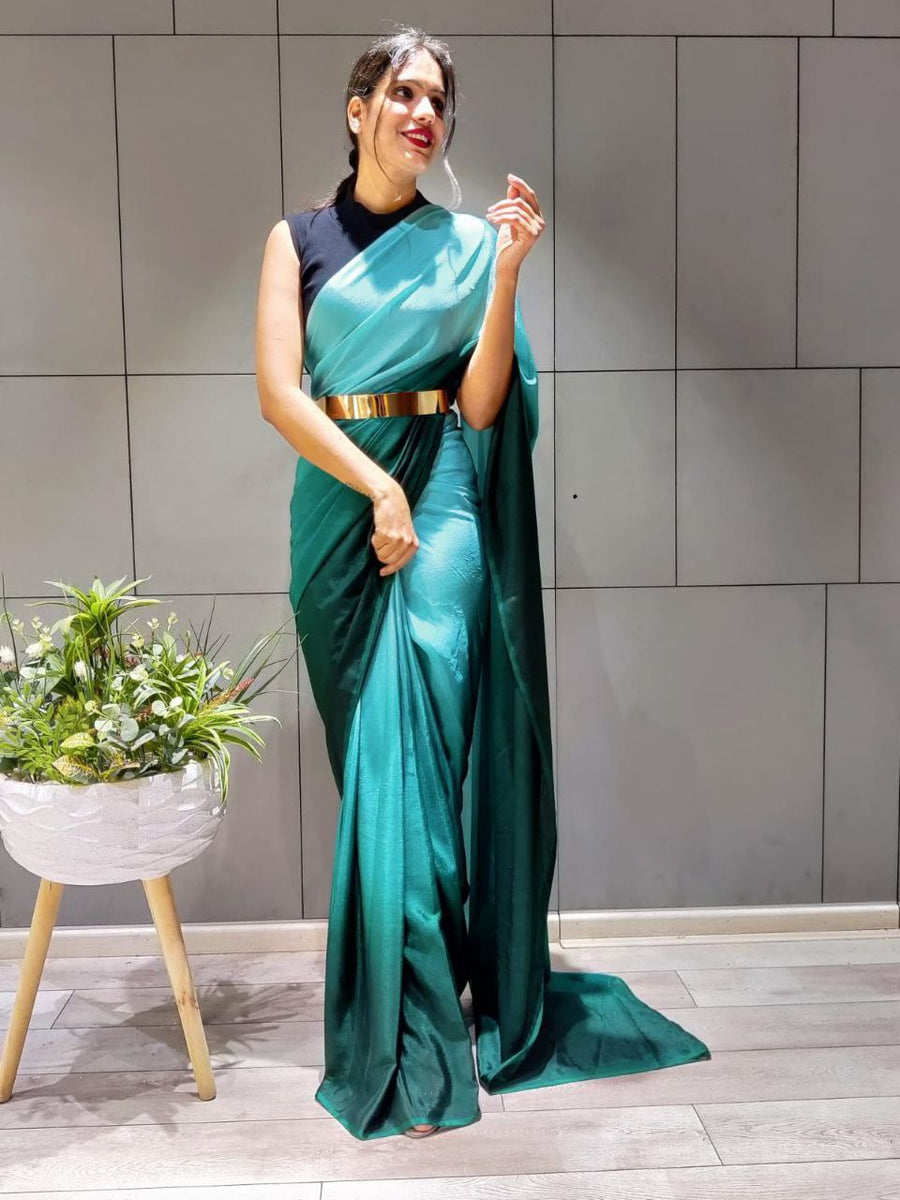 Teal Blue Chiffon Ready To Wear Saree For Graceful Bollywood Style Saree main image 1