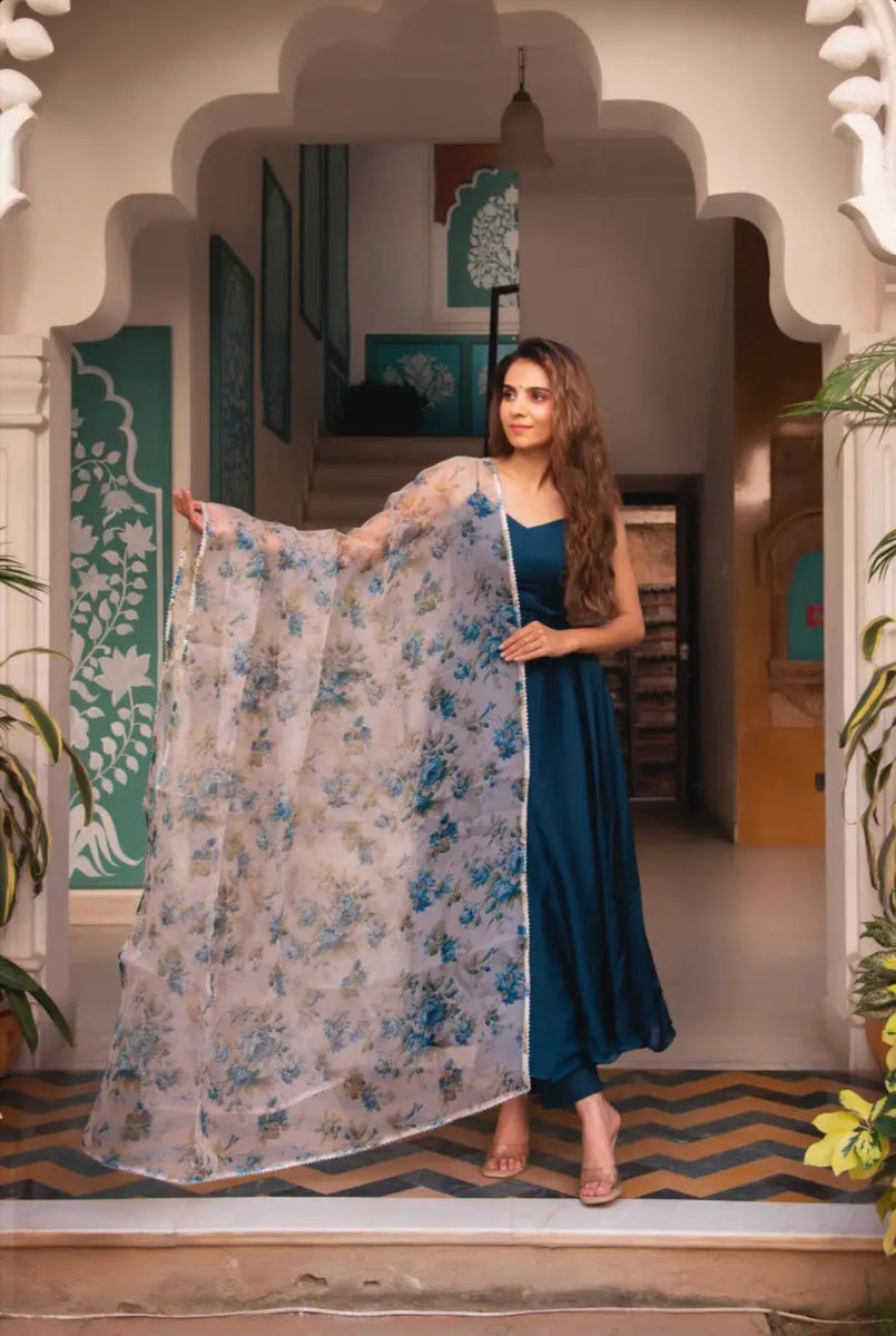 navy blue dress with dupatta Mesmerizing Navy Blue Gown With Organza Printed Dupatta – Vastra Shop