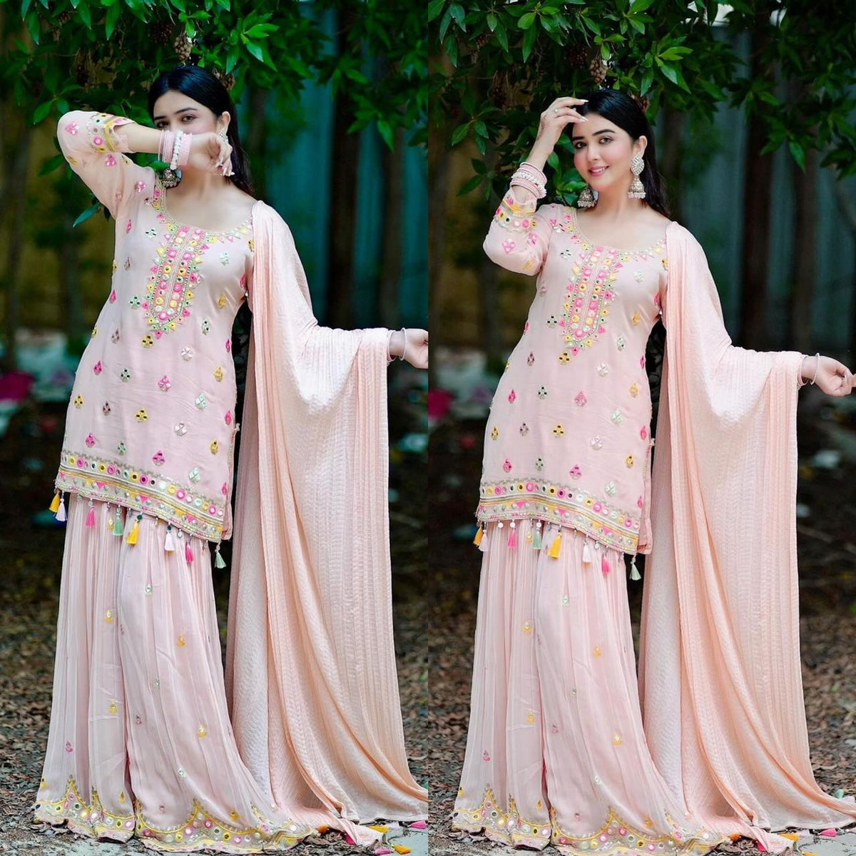 Peach Traditional Designer Semi-Stitched Sharara Suit With Embroidery Work