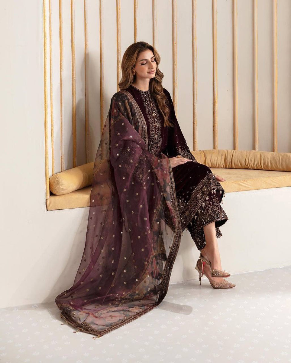WOMEN MAROON VISCOS VELVET EMBROIDERY PARTY WEAR SUIT SET