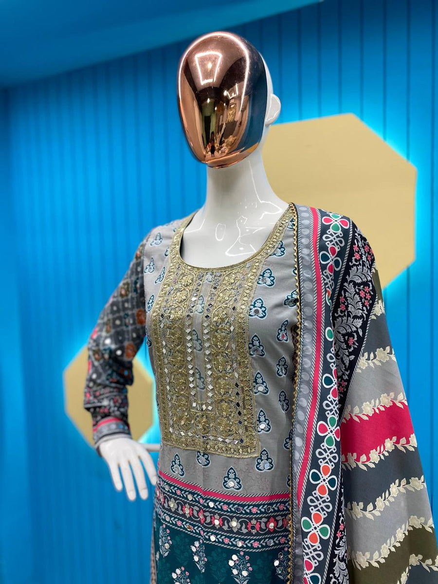 Teal Designer Function Wear Readymade Pant Suit With Embroidery Work main image 0