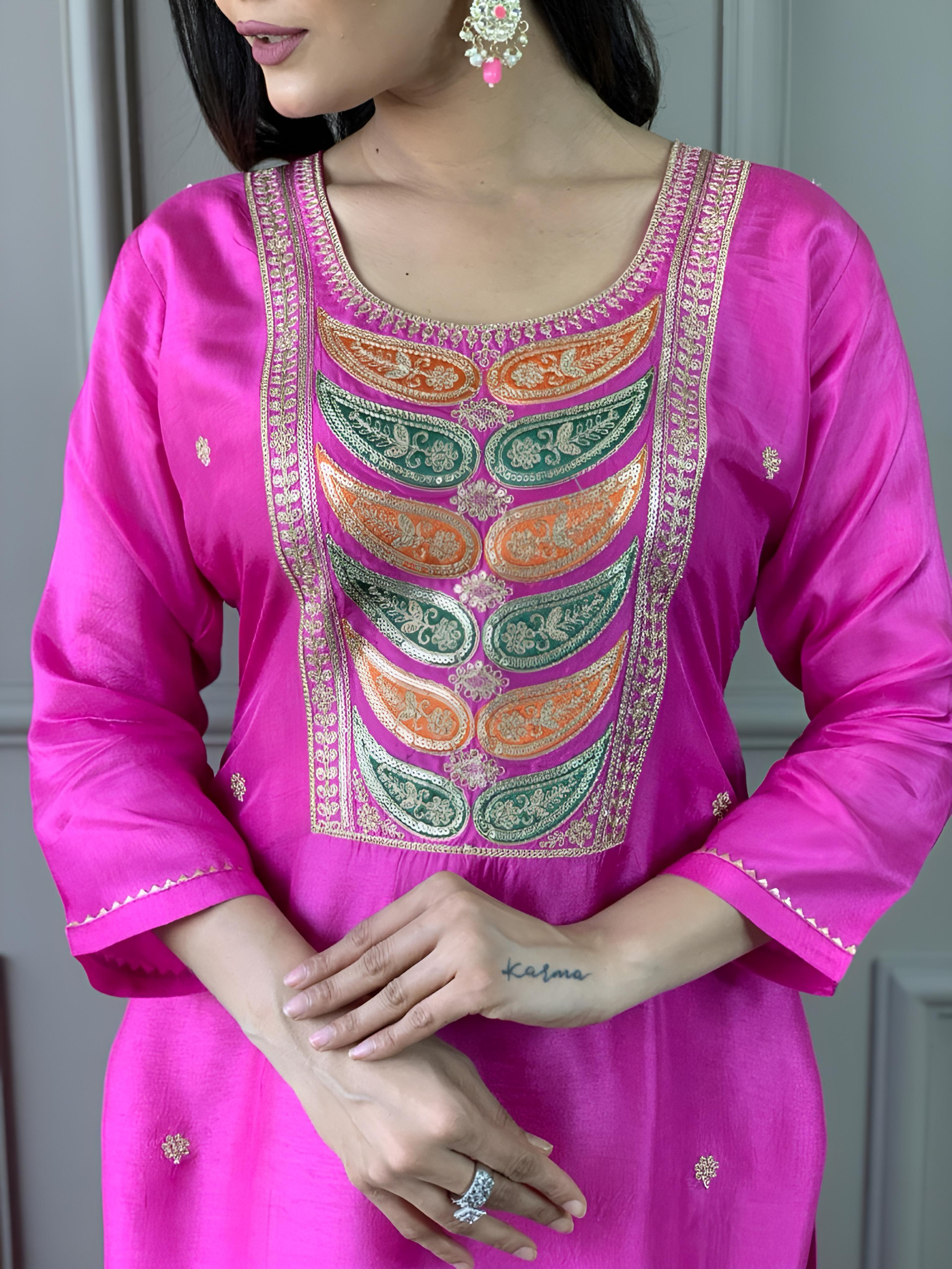 Casual Wear Pink Color Viscose Chanderi With Embroidery Work Straight Kurta Set