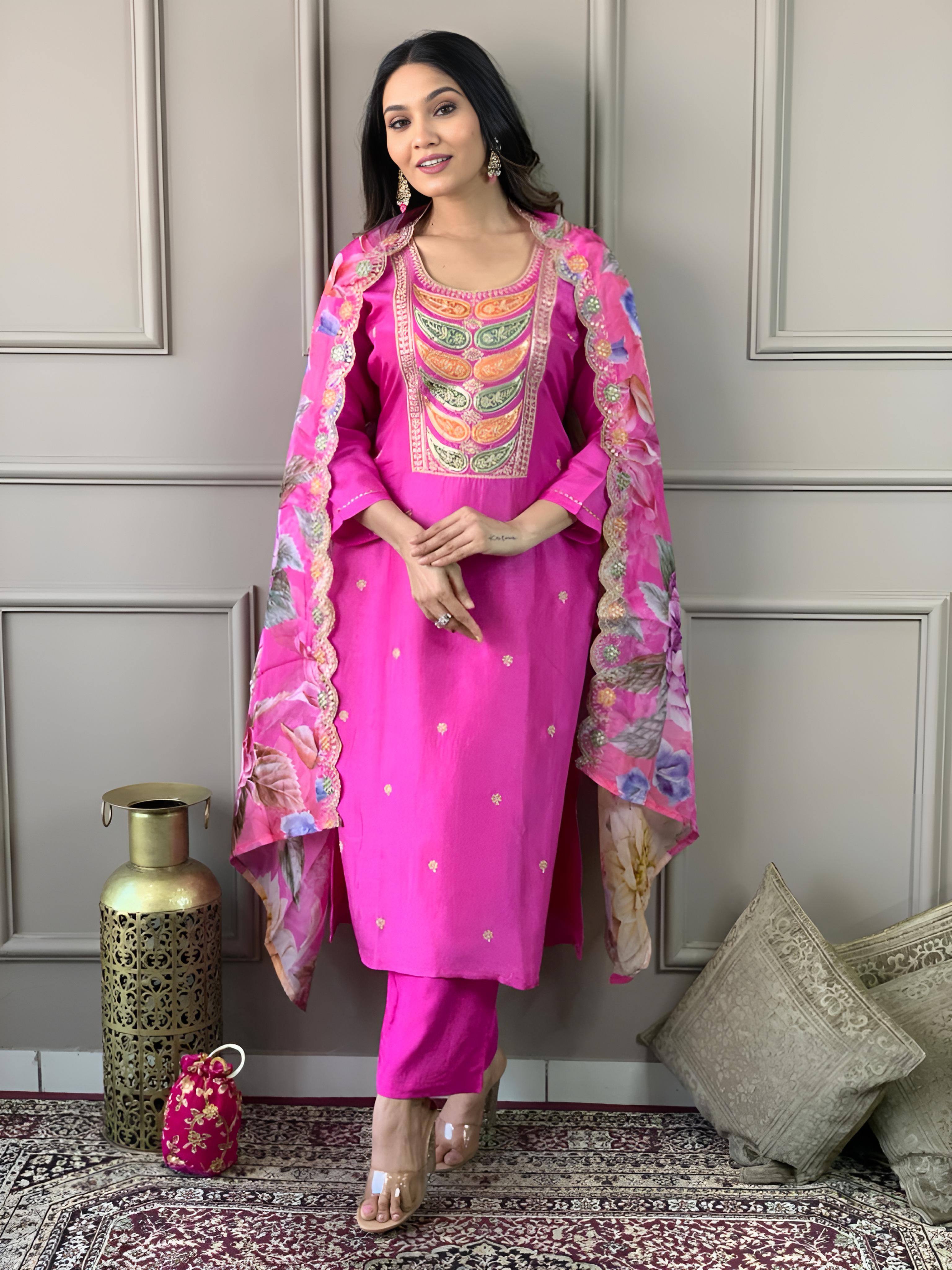 Casual Wear Pink Color Viscose Chanderi With Embroidery Work Straight Kurta Set