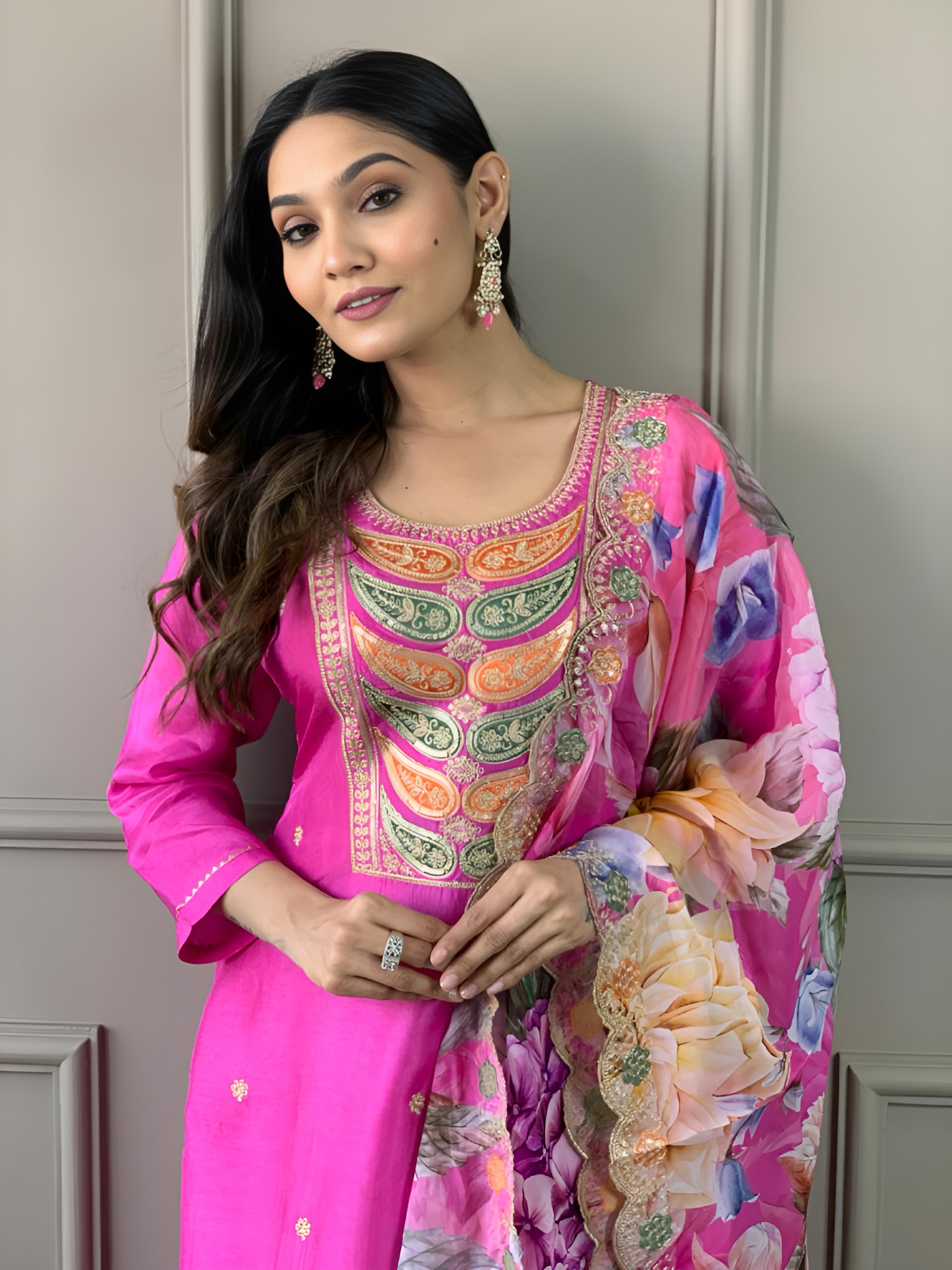 Casual Wear Pink Color Viscose Chanderi With Embroidery Work Straight Kurta Set