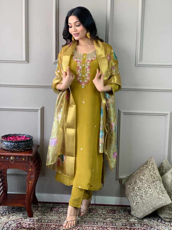 Wedding Wear Mustard Color Viscose Chanderi And Embroidered Chanderi Silk Kurta Set