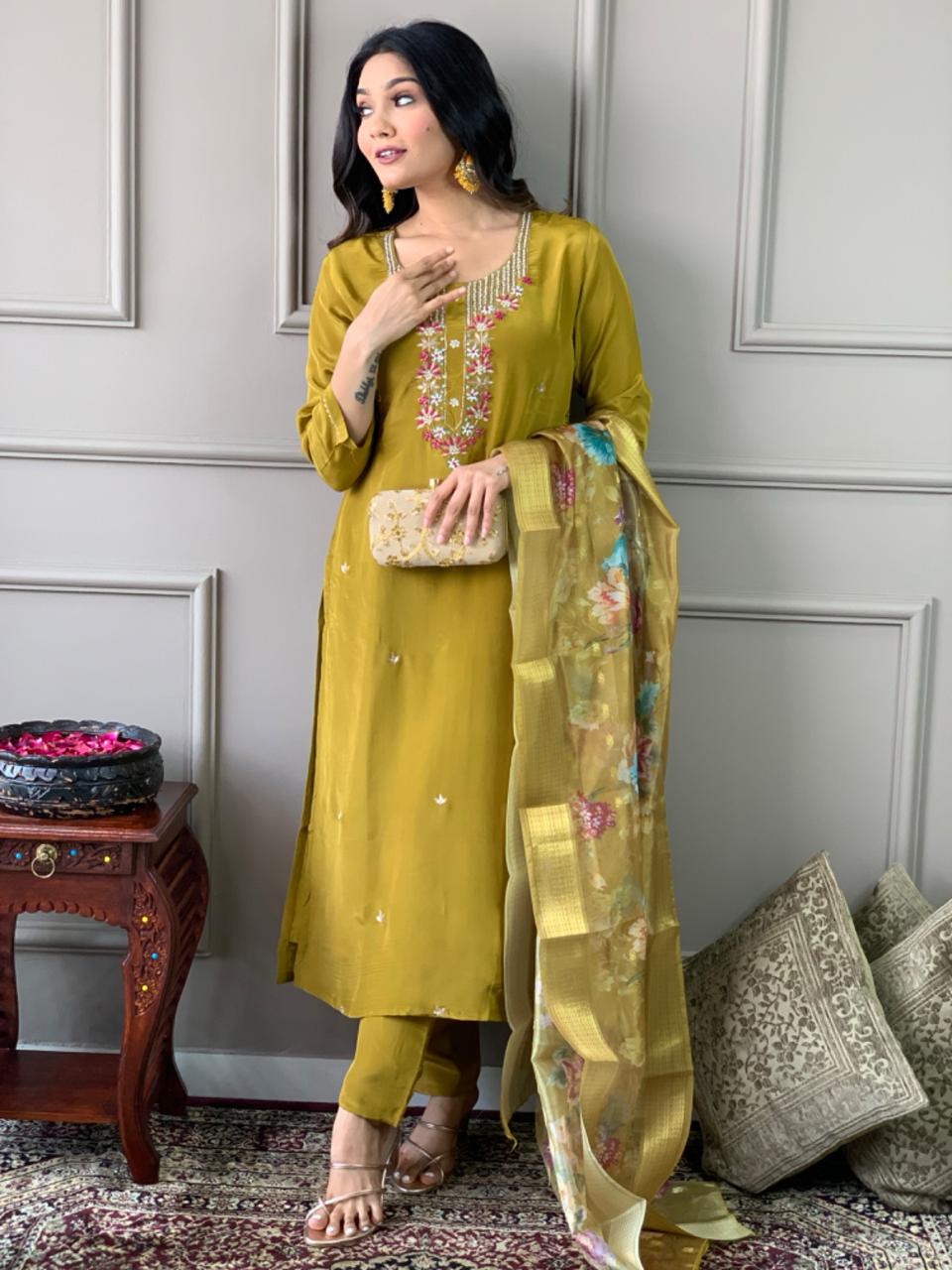 Wedding Wear Mustard Color Viscose Chanderi And Embroidered Chanderi Silk Kurta Set