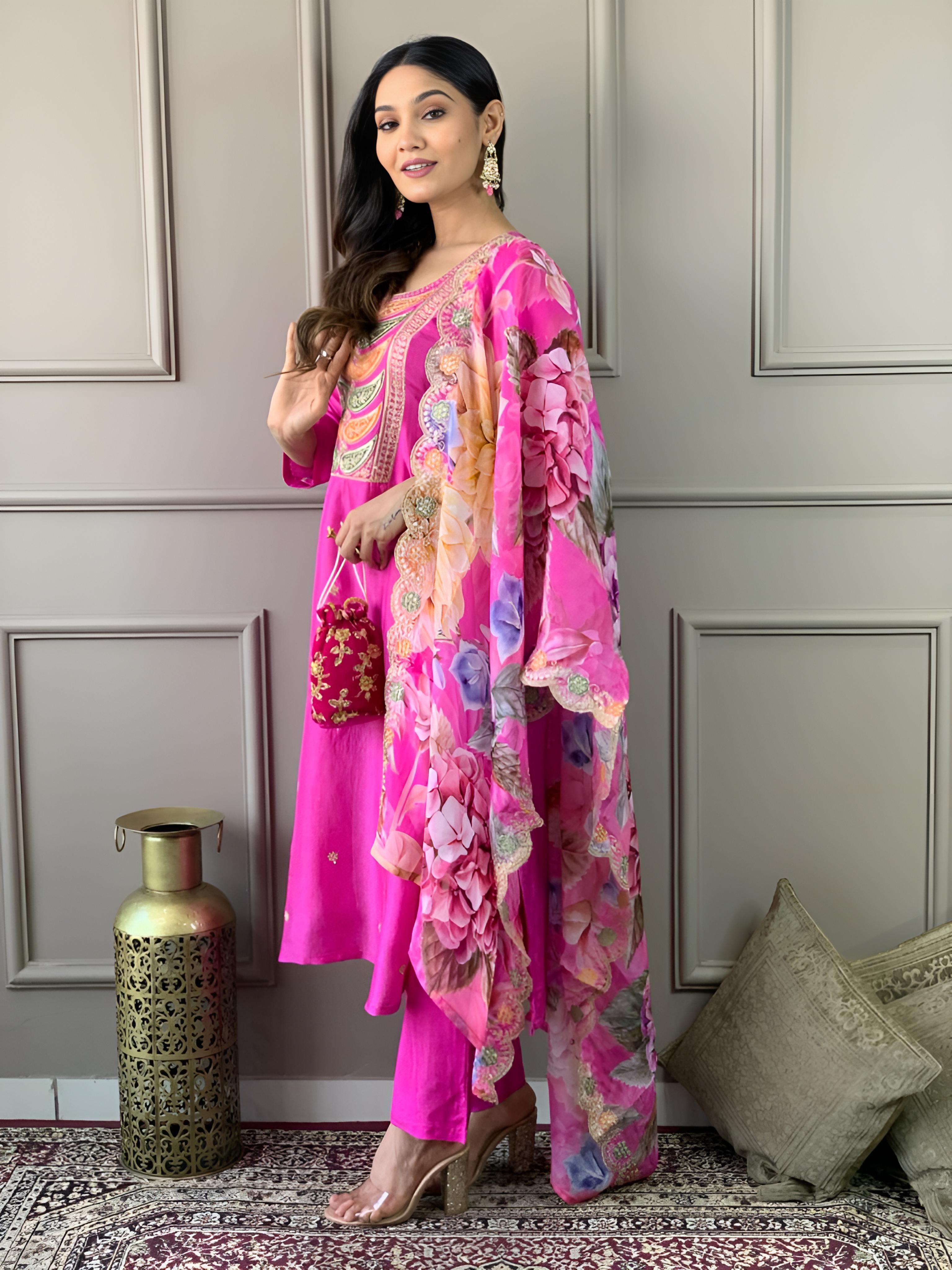 Casual Wear Pink Color Viscose Chanderi With Embroidery Work Straight Kurta Set