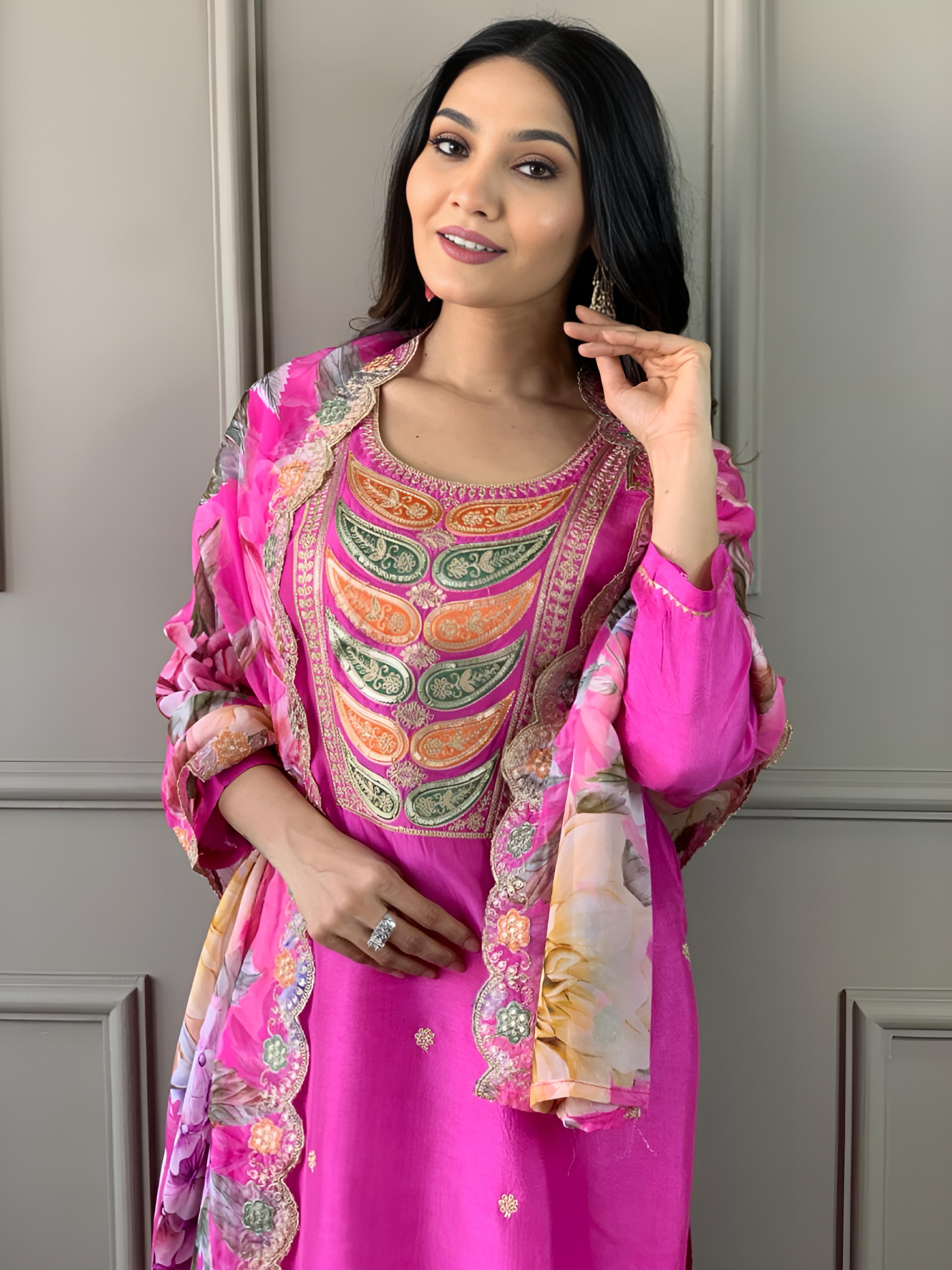 Casual Wear Pink Color Viscose Chanderi With Embroidery Work Straight Kurta Set