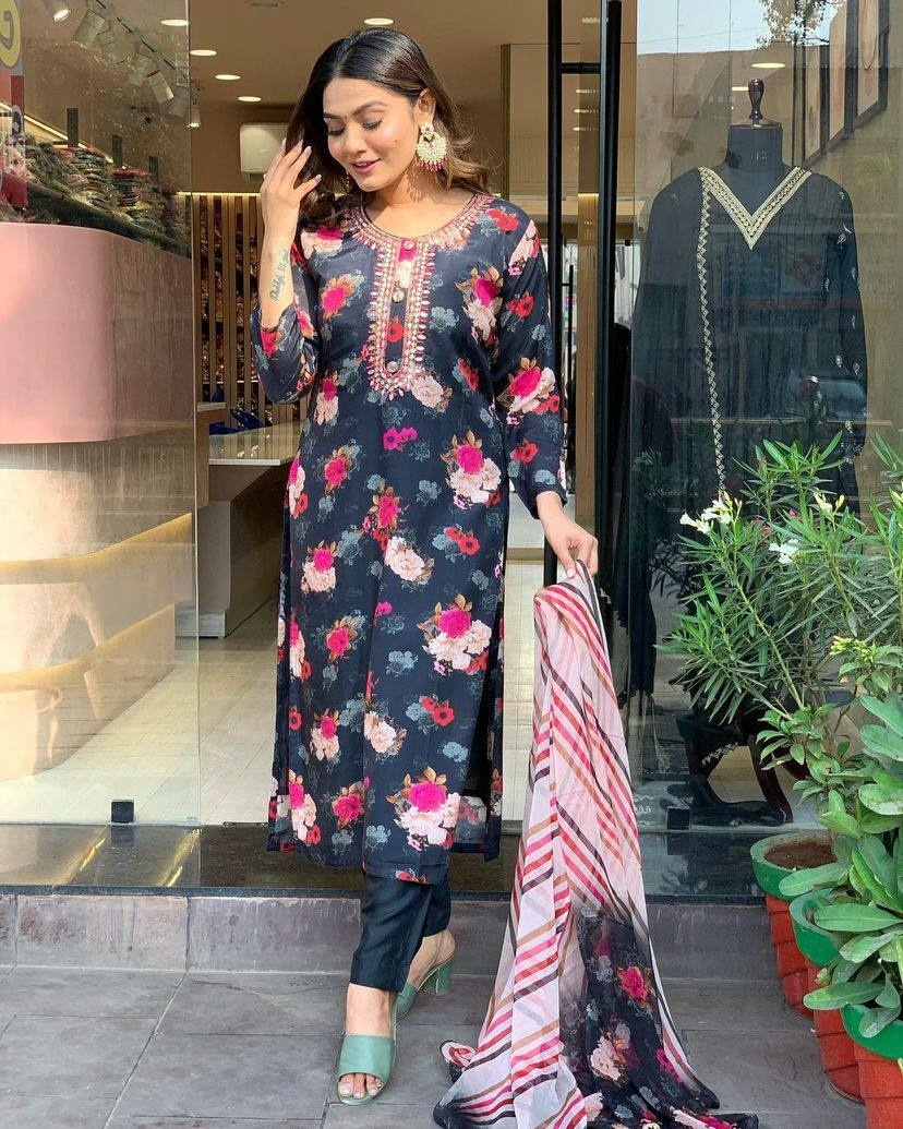 Precious Black Color Viscose Silk With Embroidery Work Beautiful Kurta Set