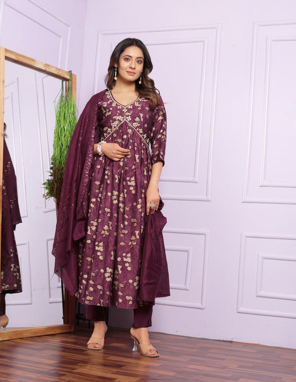 Wine Color Aalia Cut Kurta Set With Dupatta