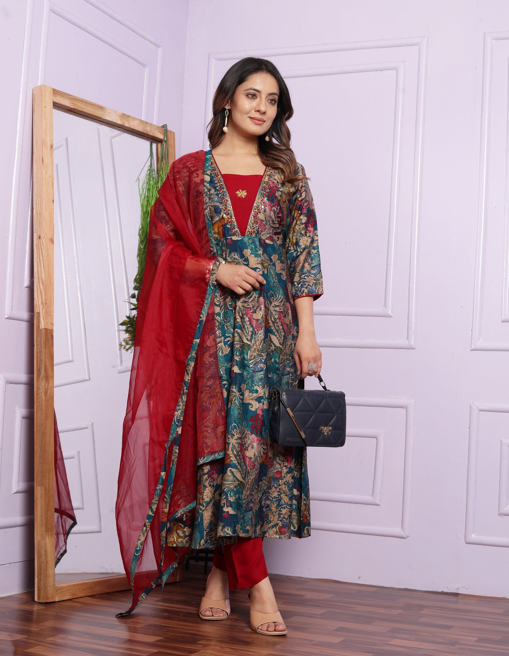 Blue Multi Print With Red V Neck Round Kurti Set