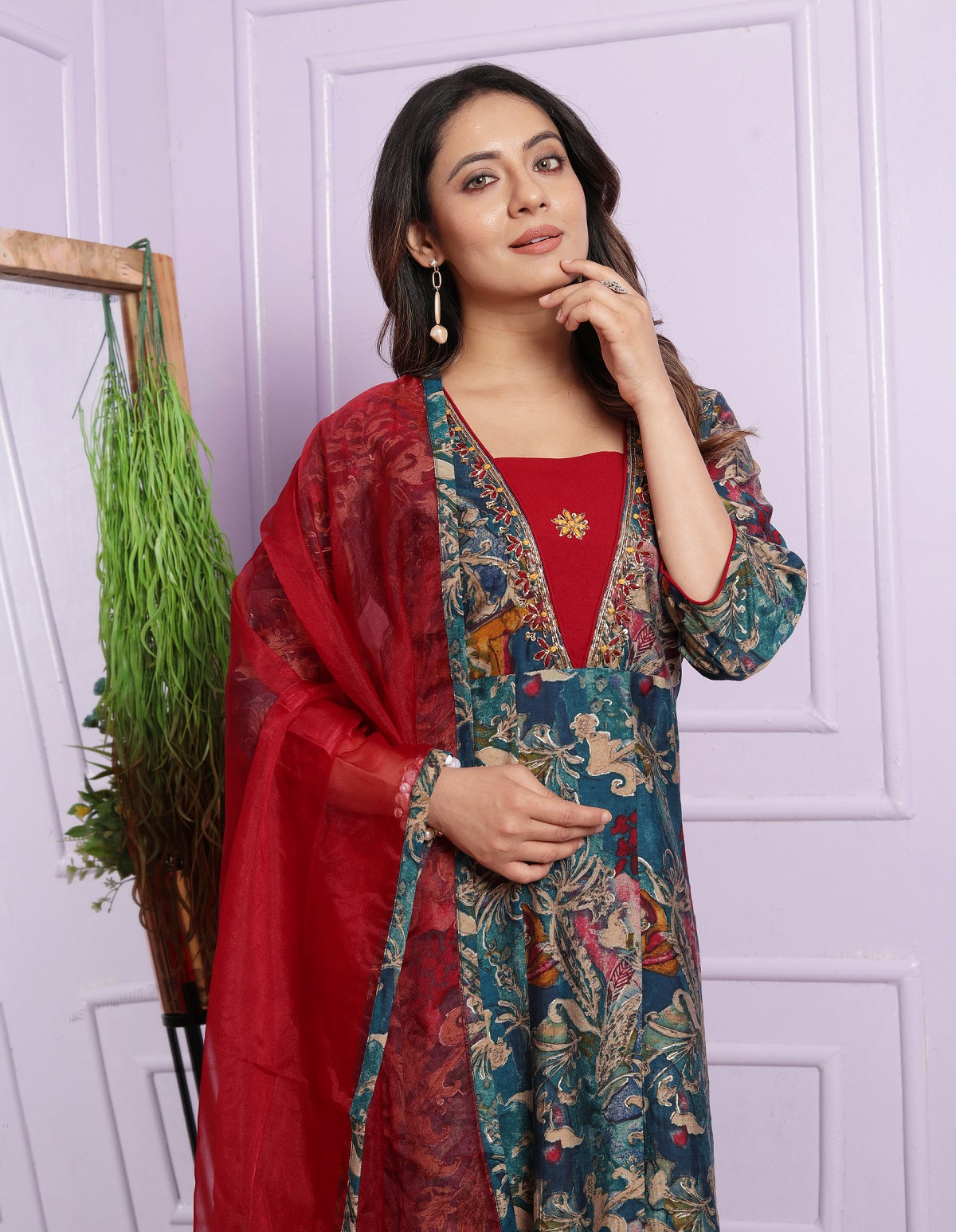 Blue Multi Print With Red V Neck Round Kurti Set