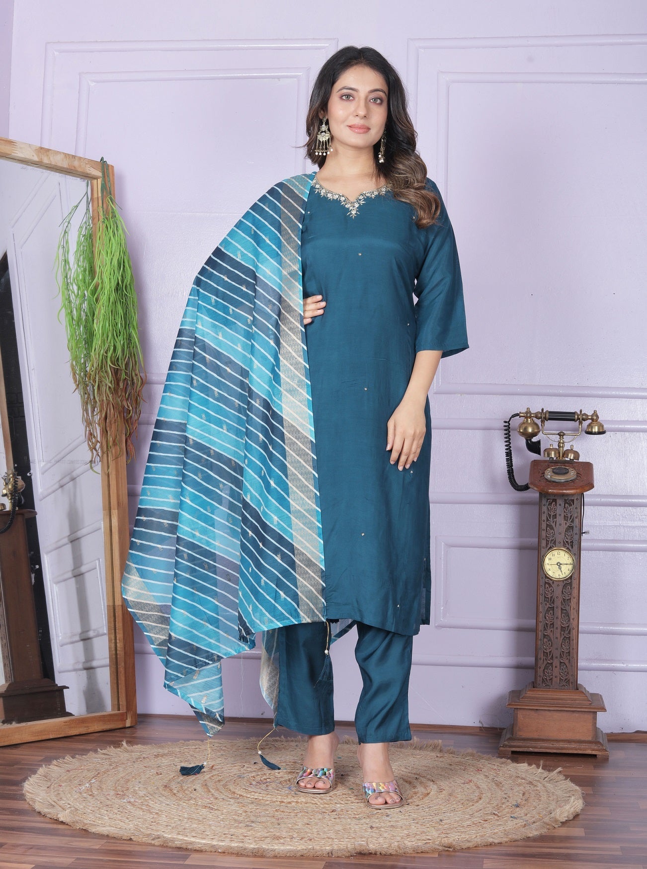 Luxury Teal Blue Salwar Suit With Leheriya Dupatta