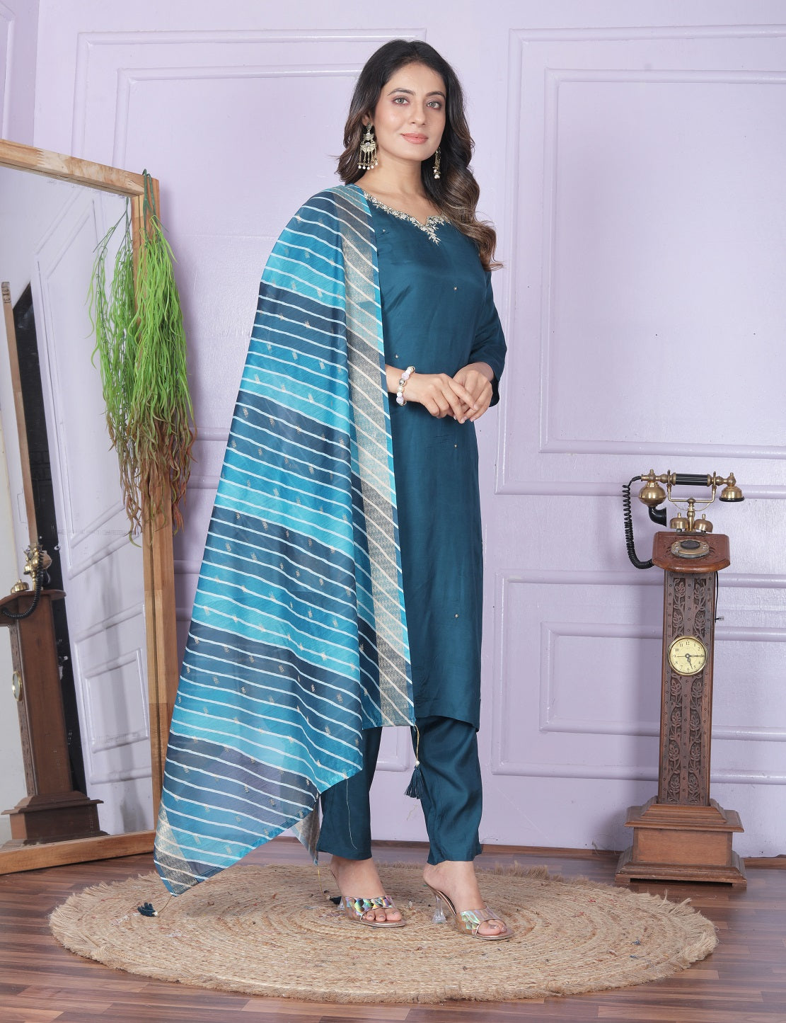 Luxury Teal Blue Salwar Suit With Leheriya Dupatta