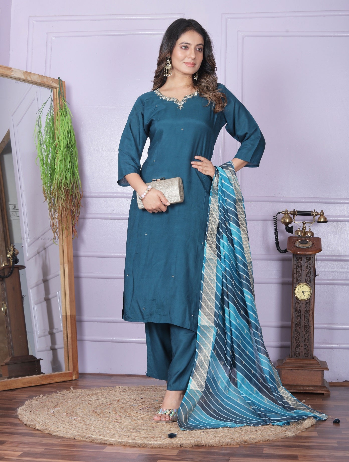 Luxury Teal Blue Salwar Suit With Leheriya Dupatta