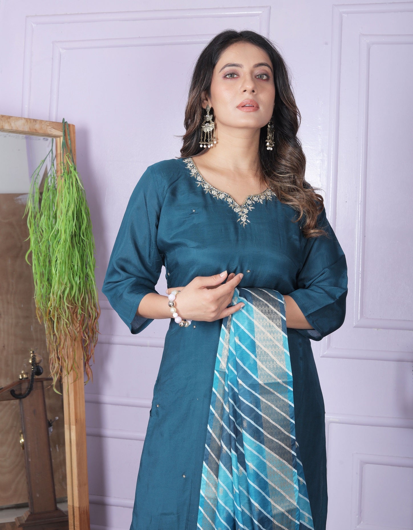 Luxury Teal Blue Salwar Suit With Leheriya Dupatta