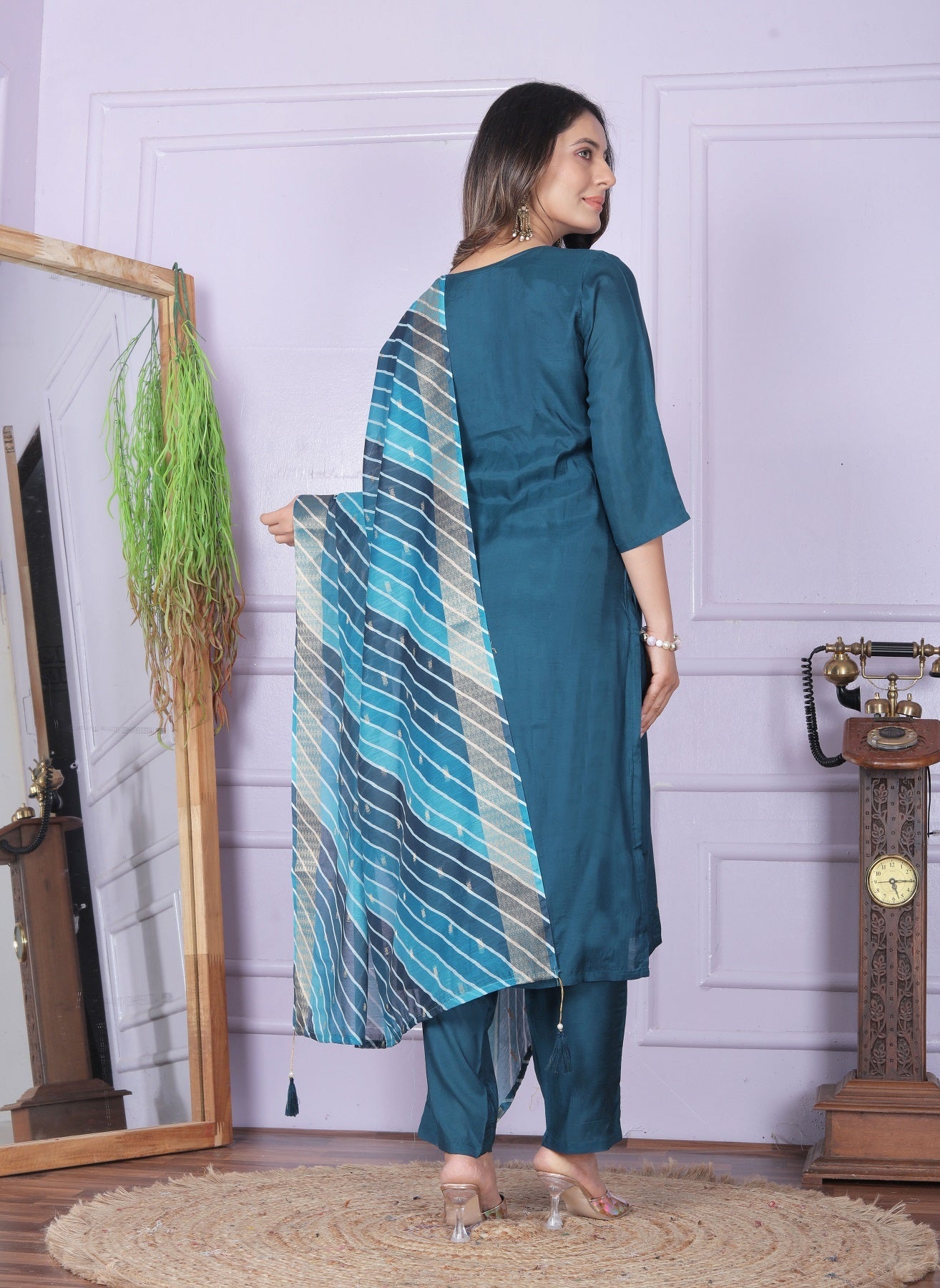 Luxury Teal Blue Salwar Suit With Leheriya Dupatta