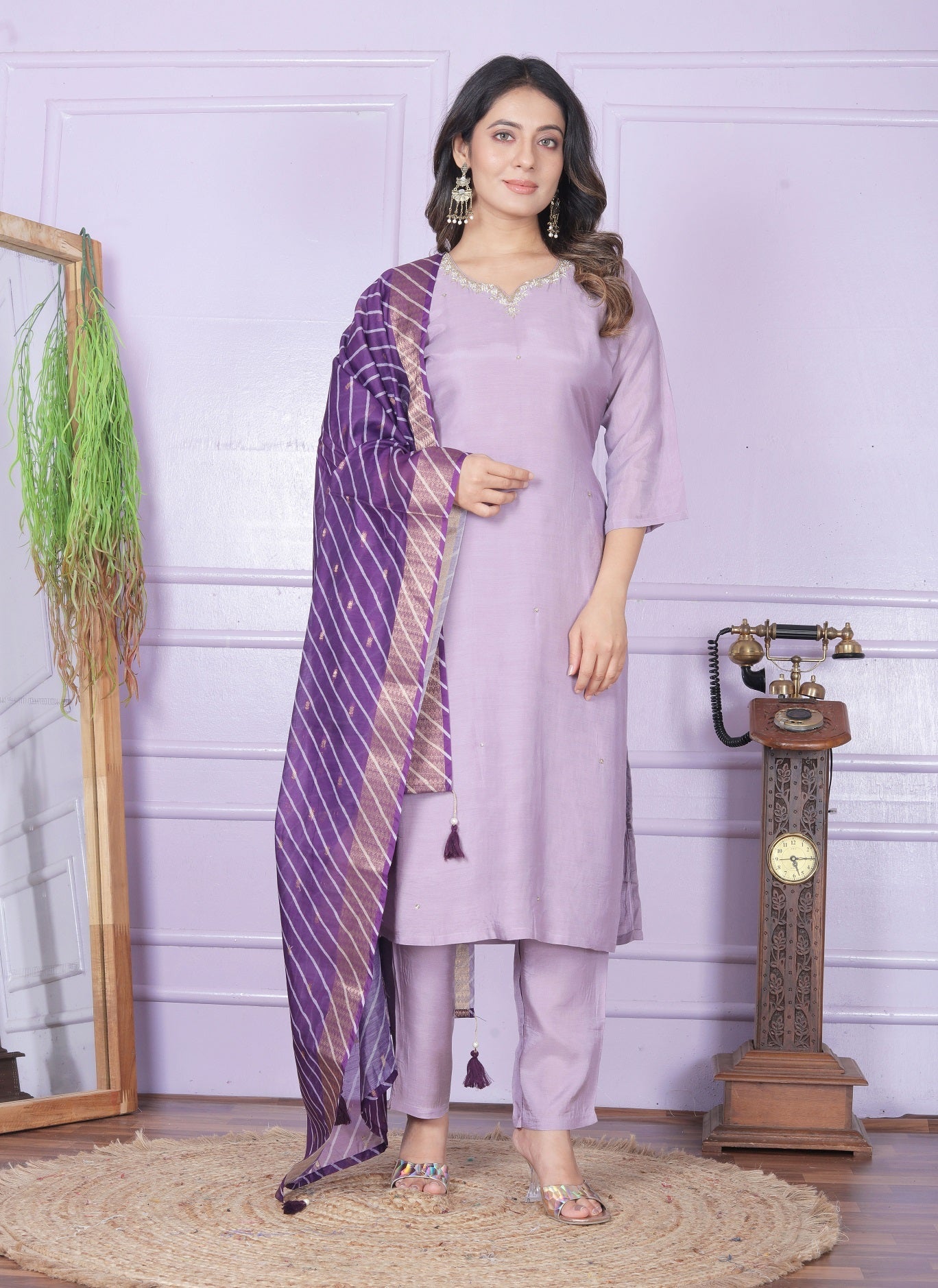 Luxury Lavender Salwar Suit With Leheriya Dupatta