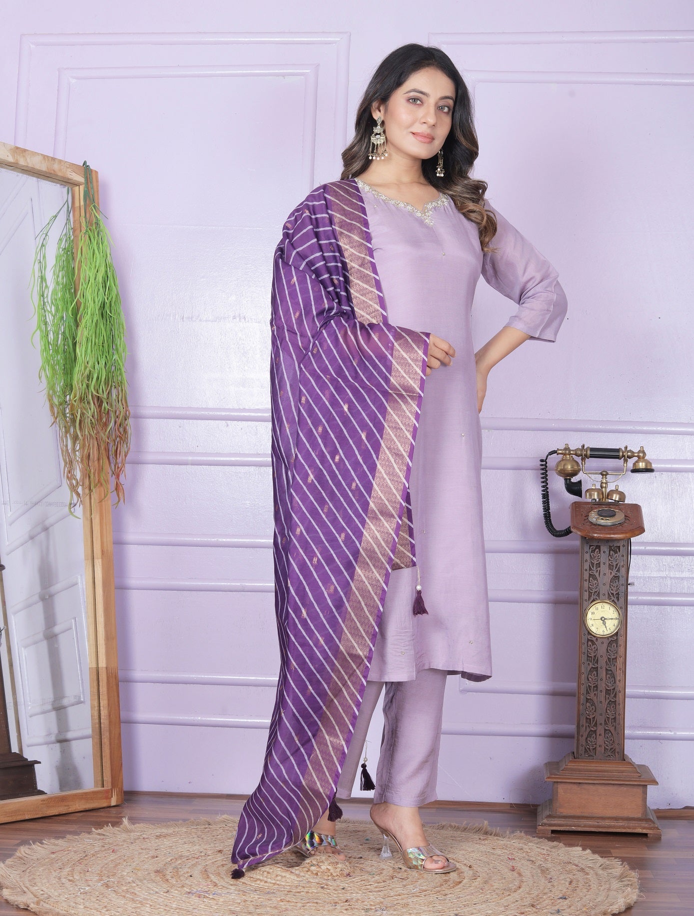 Luxury Lavender Salwar Suit With Leheriya Dupatta