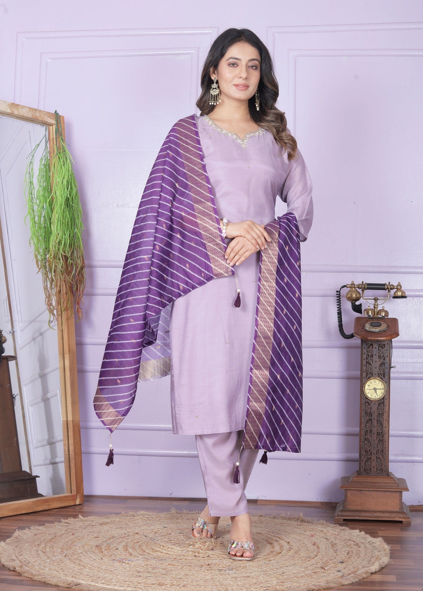 Luxury Lavender Salwar Suit With Leheriya Dupatta