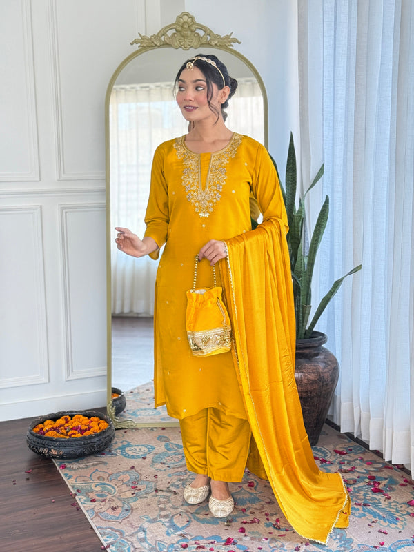 Beautiful Yellow Color Viscose Chanderi With Embroidery Work Designer Kurta Set