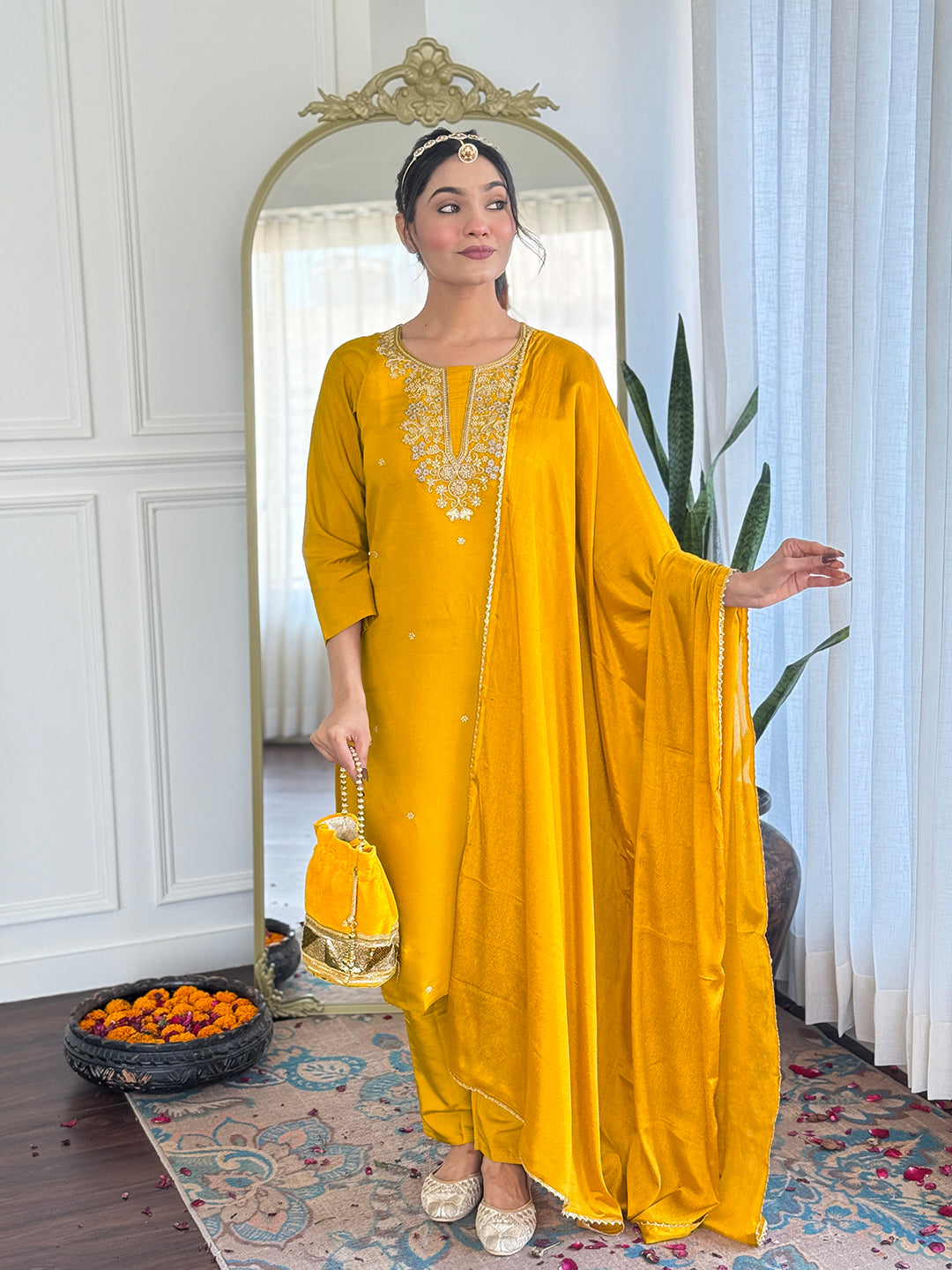 Beautiful Yellow Color Viscose Chanderi With Embroidery Work Designer Kurta Set