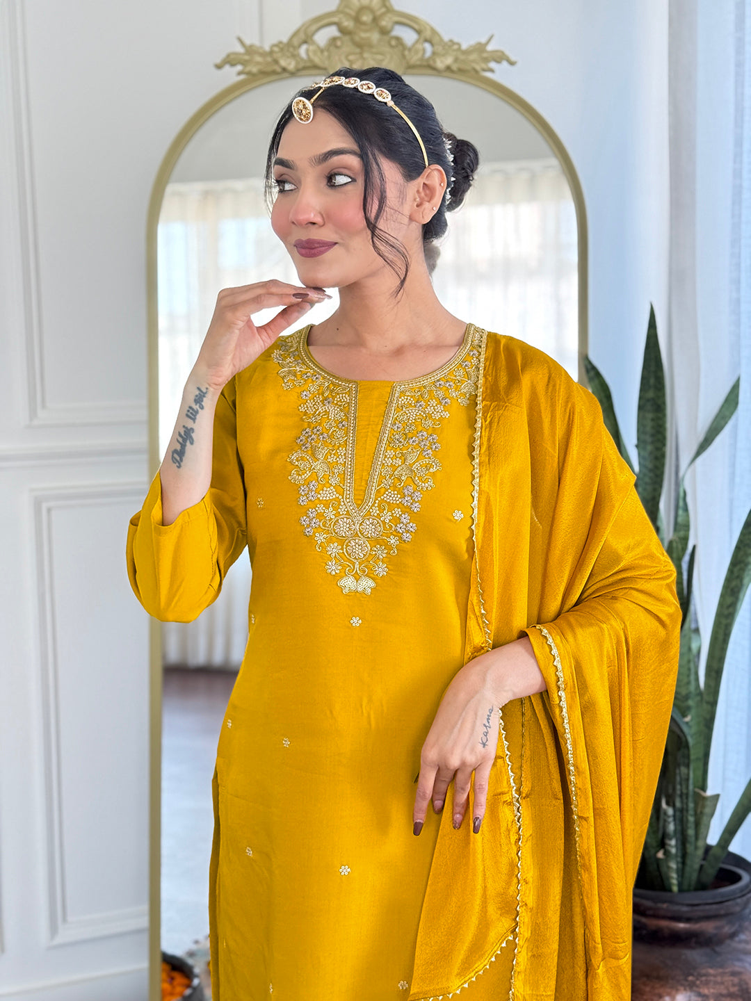 Beautiful Yellow Color Viscose Chanderi With Embroidery Work Designer Kurta Set