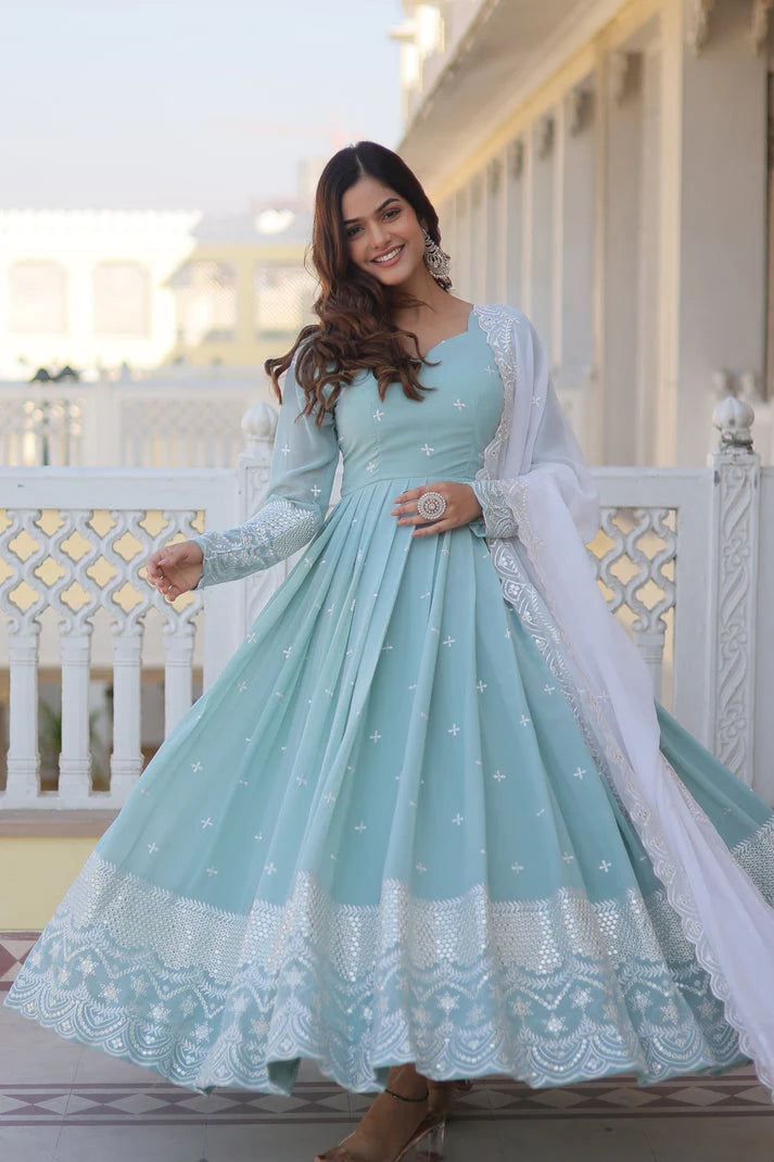 Party Wear Beautiful Sky Blue Color Embroidery Work Gown With Dupatta