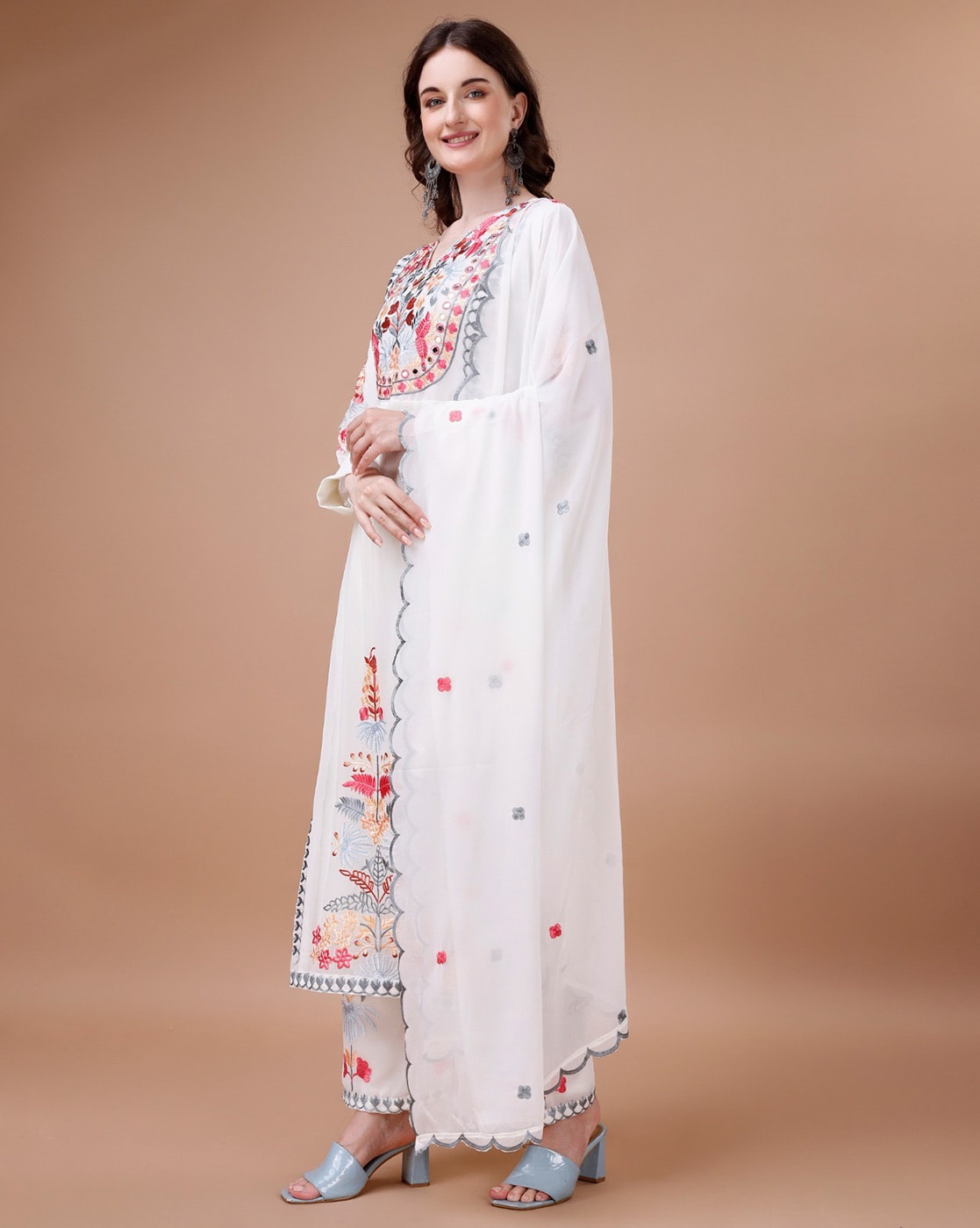 Wedding Wear White Color Georgette Embroidery Straight Kurta With Palazzo And Dupatta Set