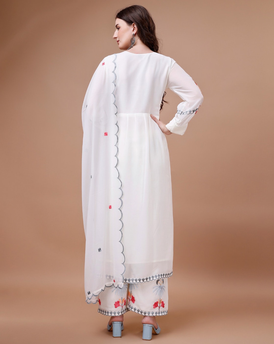Wedding Wear White Color Georgette Embroidery Straight Kurta With Palazzo And Dupatta Set