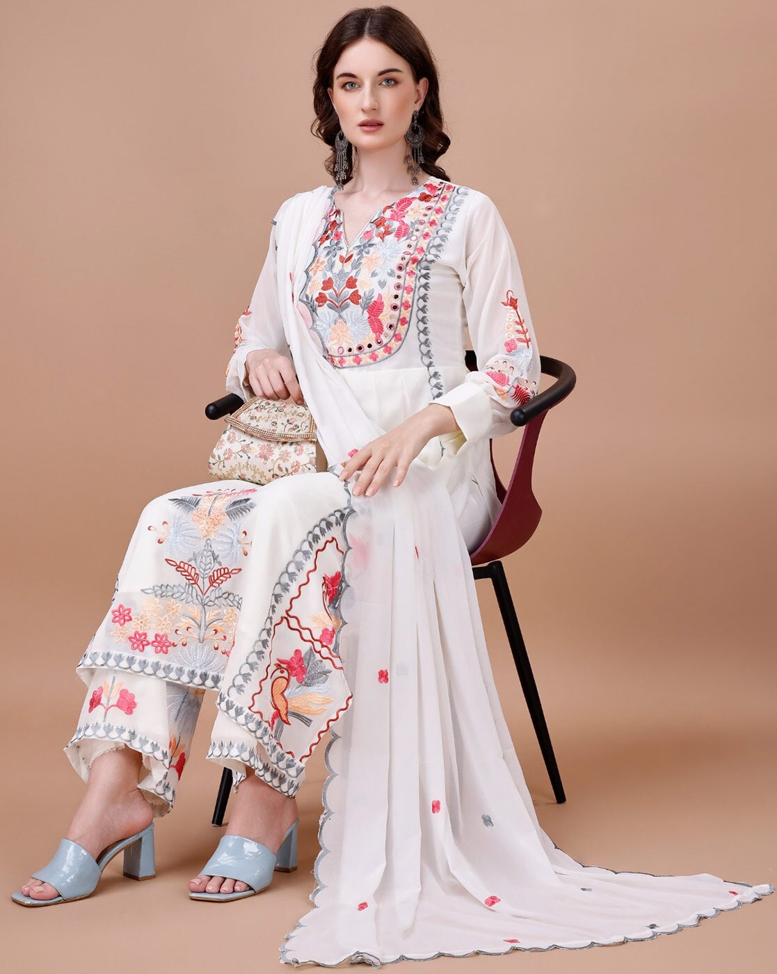 Wedding Wear White Color Georgette Embroidery Straight Kurta With Palazzo And Dupatta Set