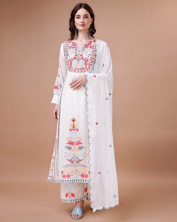 Wedding Wear White Color Georgette Embroidery Straight Kurta With Palazzo And Dupatta Set