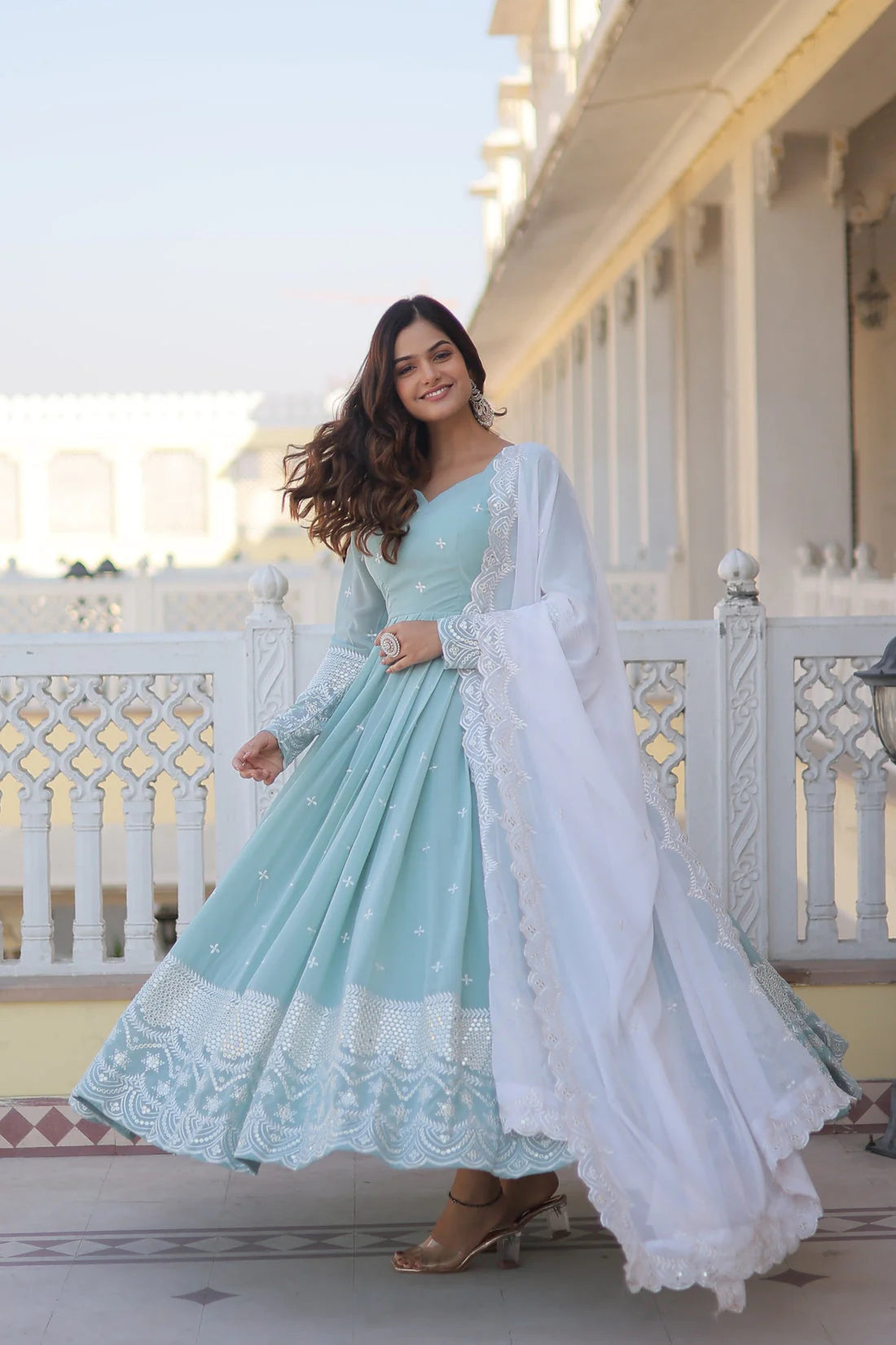Party Wear Beautiful Sky Blue Color Embroidery Work Gown With Dupatta
