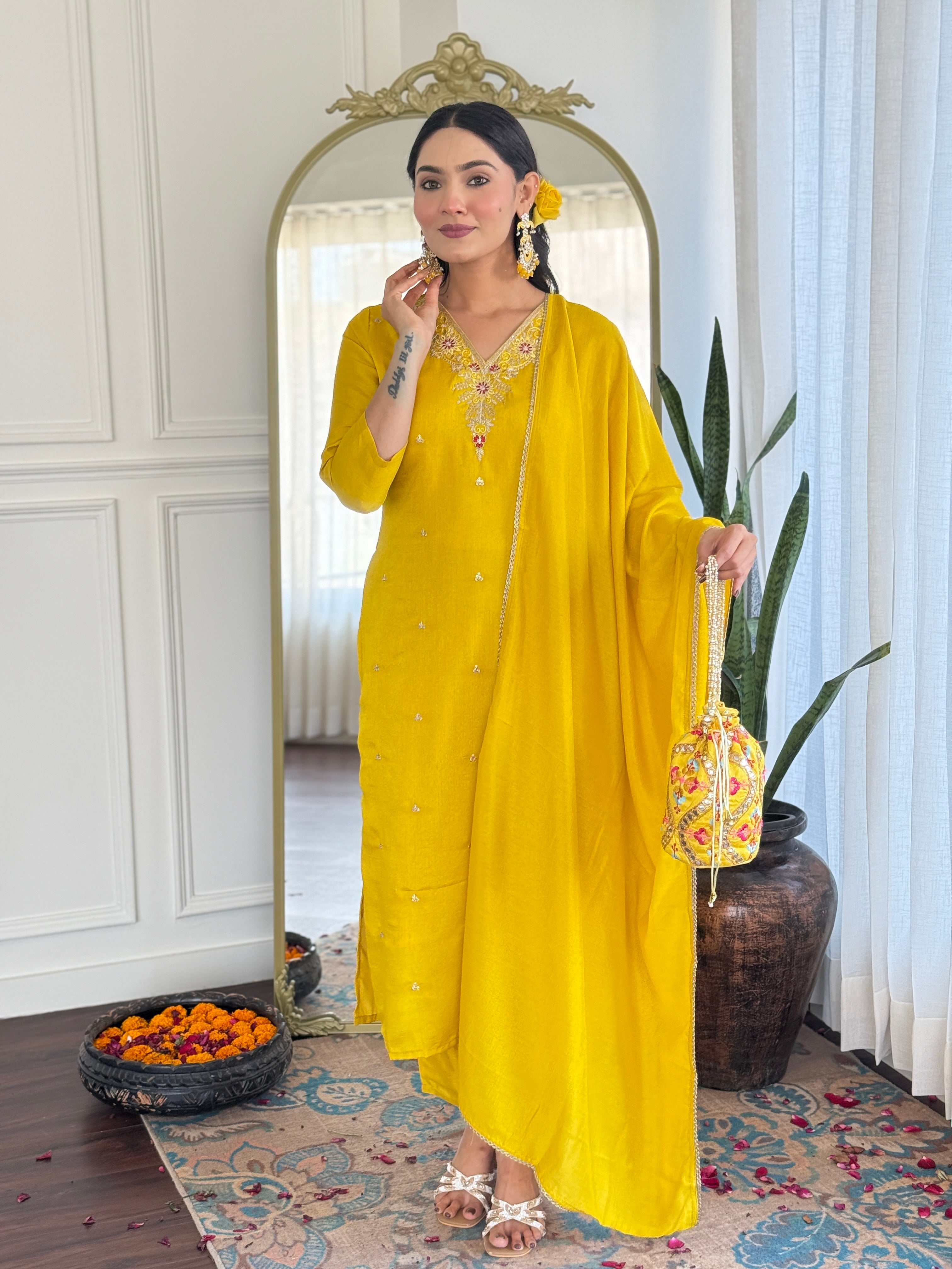 Festive Wear Yellow Color Vichitra With Embroidery Work 3 Piece Kurta Set