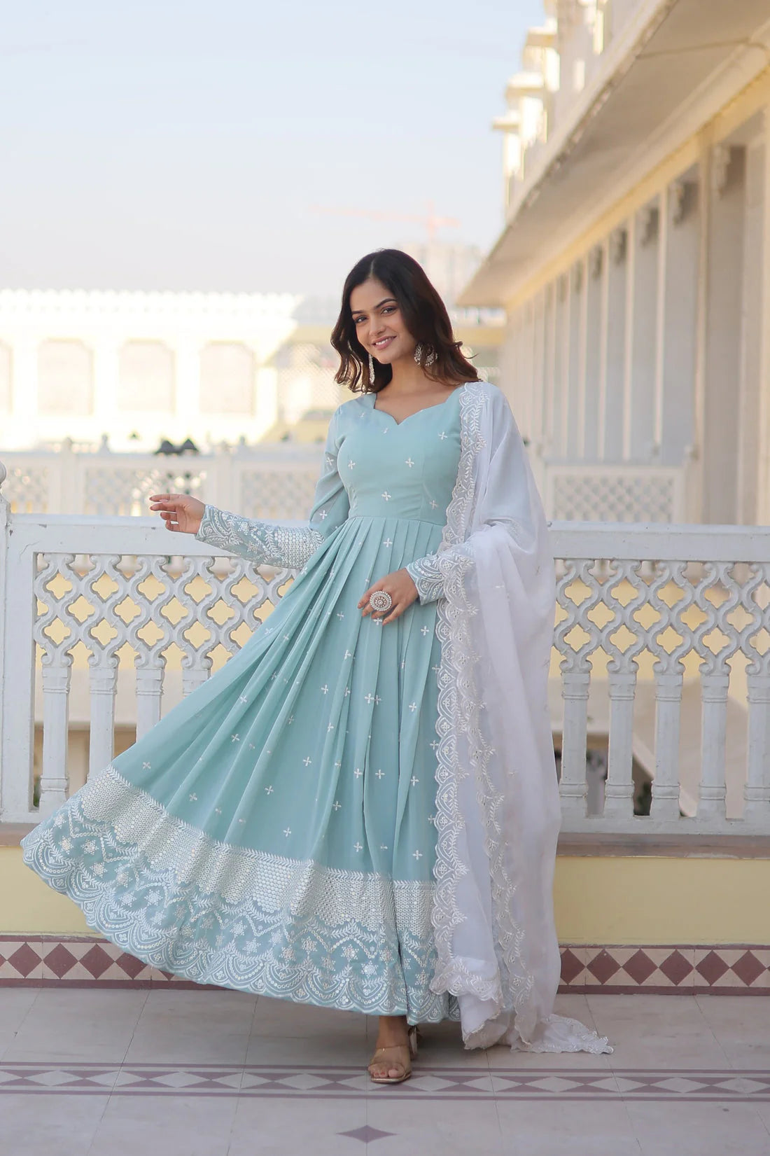Party Wear Beautiful Sky Blue Color Embroidery Work Gown With Dupatta