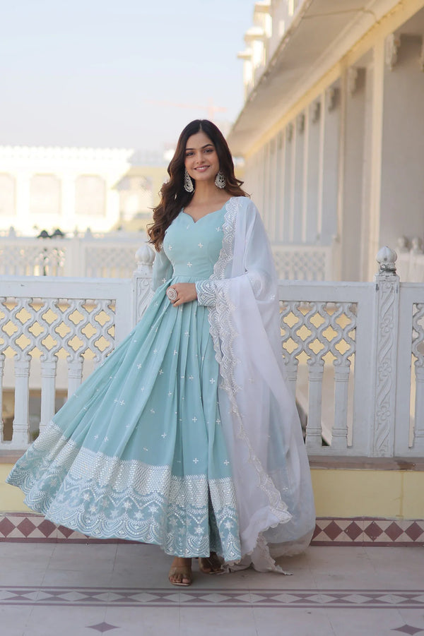 Party Wear Beautiful Sky Blue Color Embroidery Work Gown With Dupatta