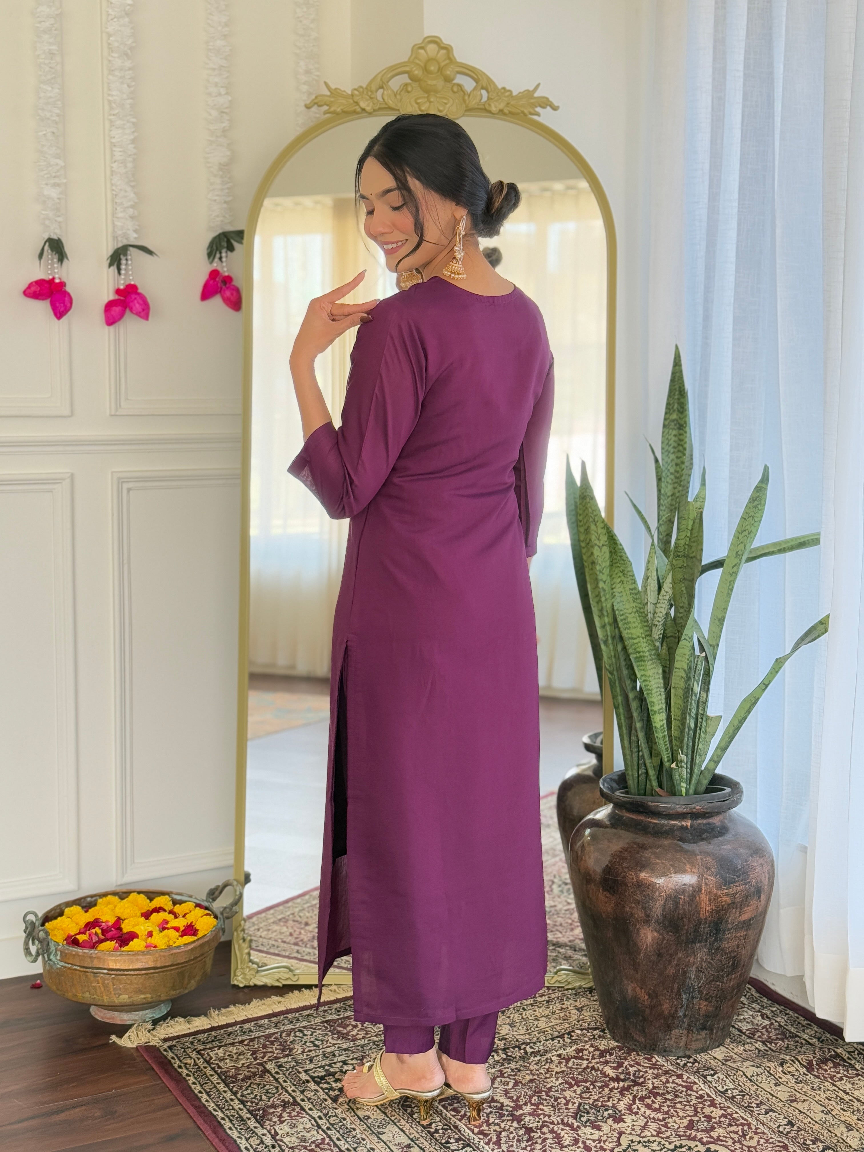 Stunning Wine Color Viscose Chanderi With Embroidery Work Designer kurta Set