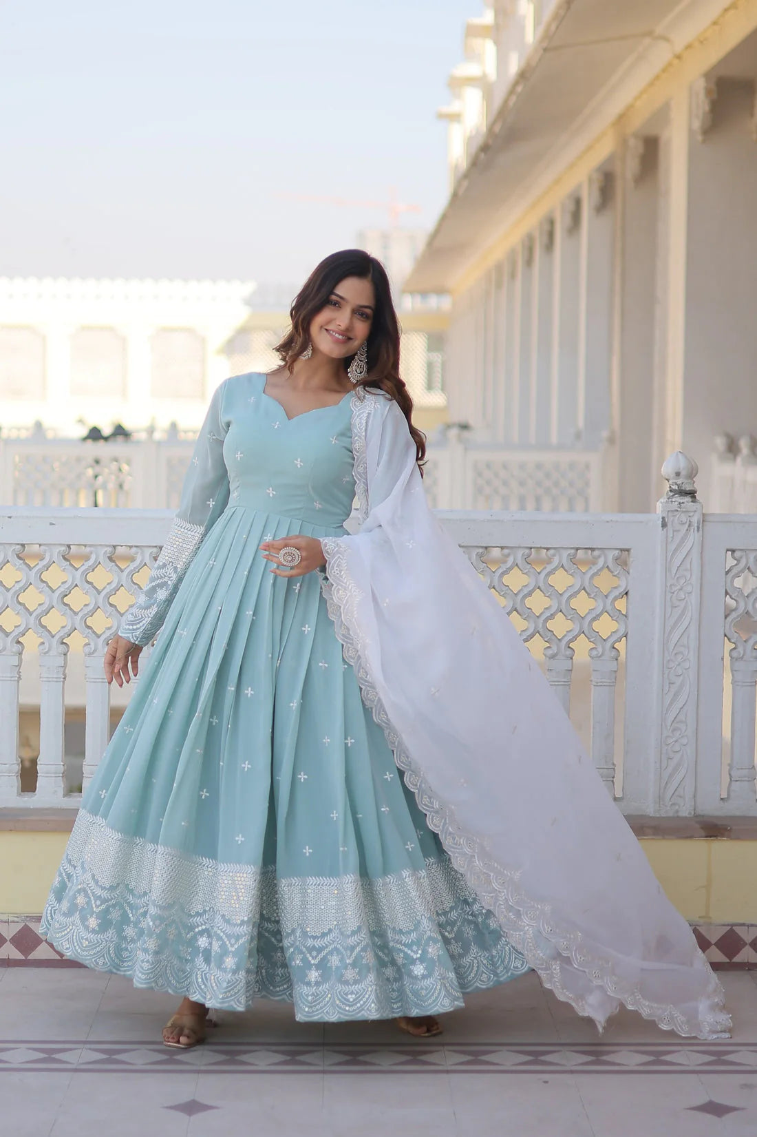 Party Wear Beautiful Sky Blue Color Embroidery Work Gown With Dupatta