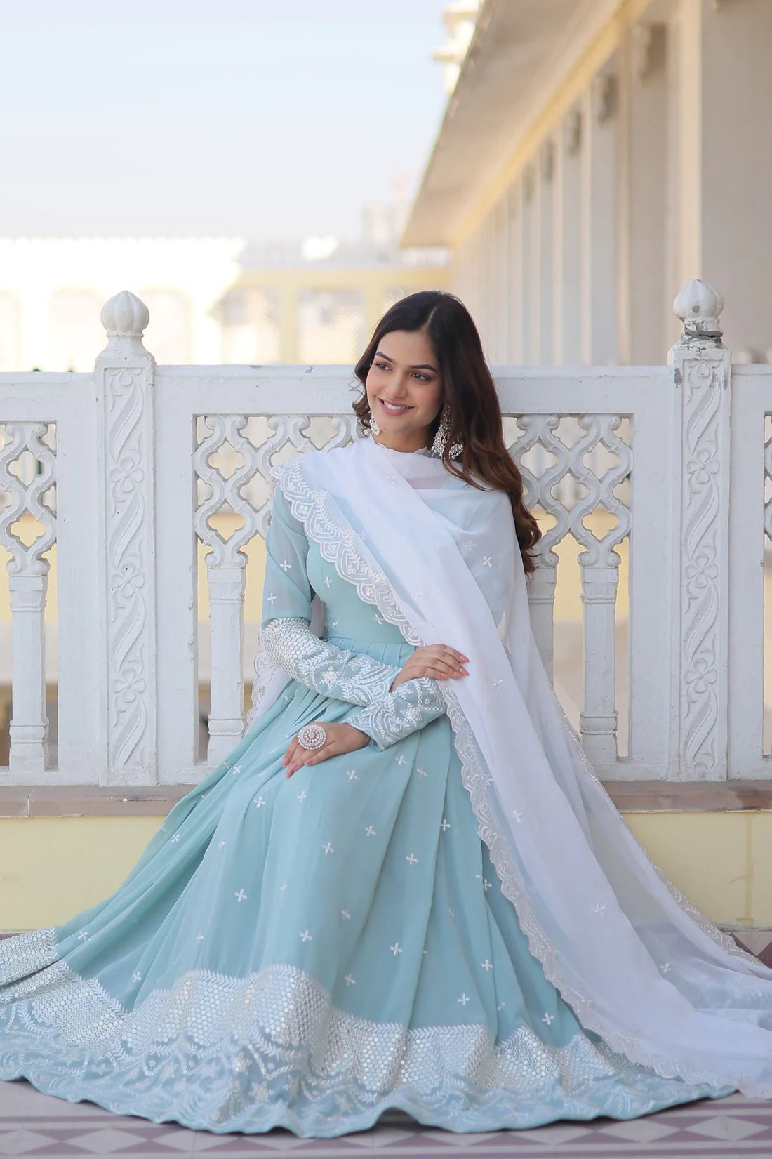 Party Wear Beautiful Sky Blue Color Embroidery Work Gown With Dupatta