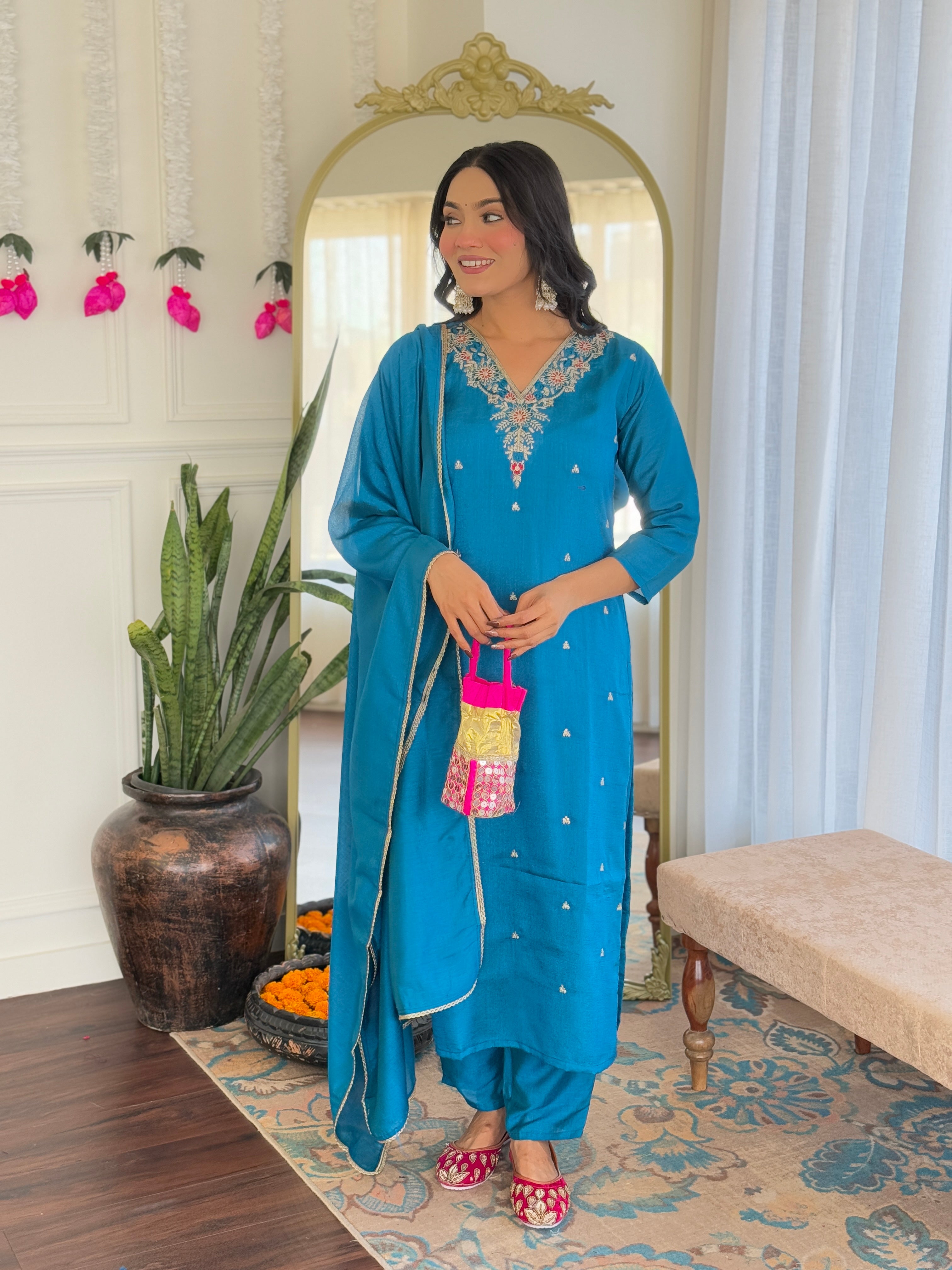 Festive Wear Sky Blue Color Vichitra With Embroidery Work 3 Piece Kurta Set