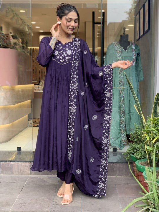 Wedding Wear Purple Color Pure Chinon With Embroidery Work Designer Kurta Set