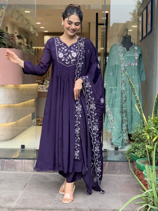 Wedding Wear Purple Color Pure Chinon With Embroidery Work Designer Kurta Set