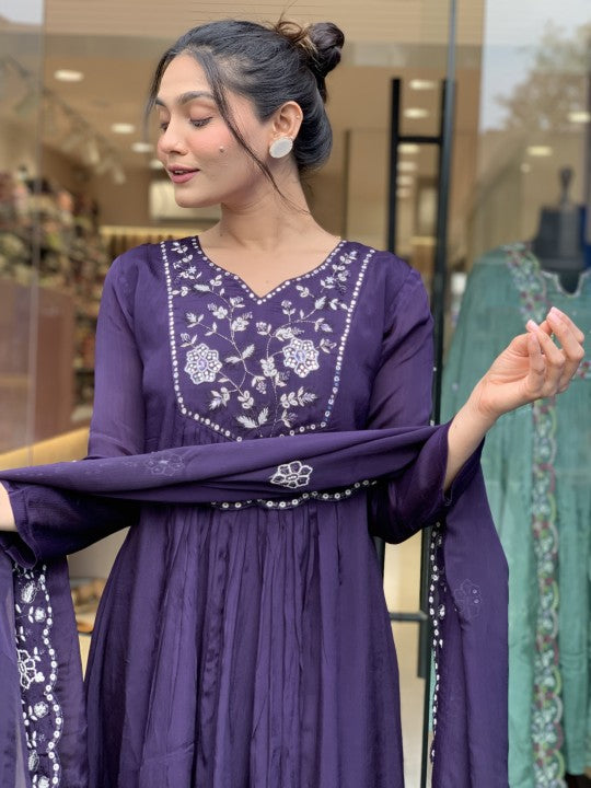 Wedding Wear Purple Color Pure Chinon With Embroidery Work Designer Kurta Set