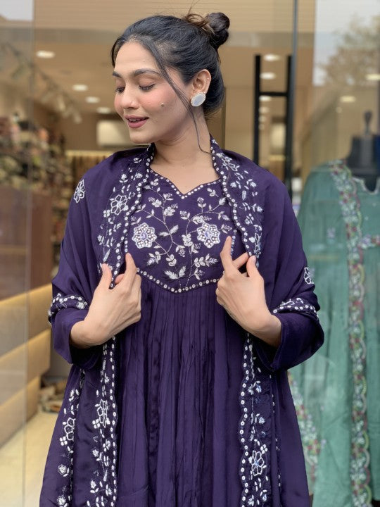 Wedding Wear Purple Color Pure Chinon With Embroidery Work Designer Kurta Set