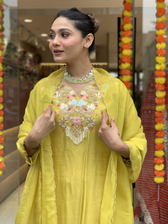Party Wear Lemon Color Chanderi Silk Embroidery Work Designer Kurta Set