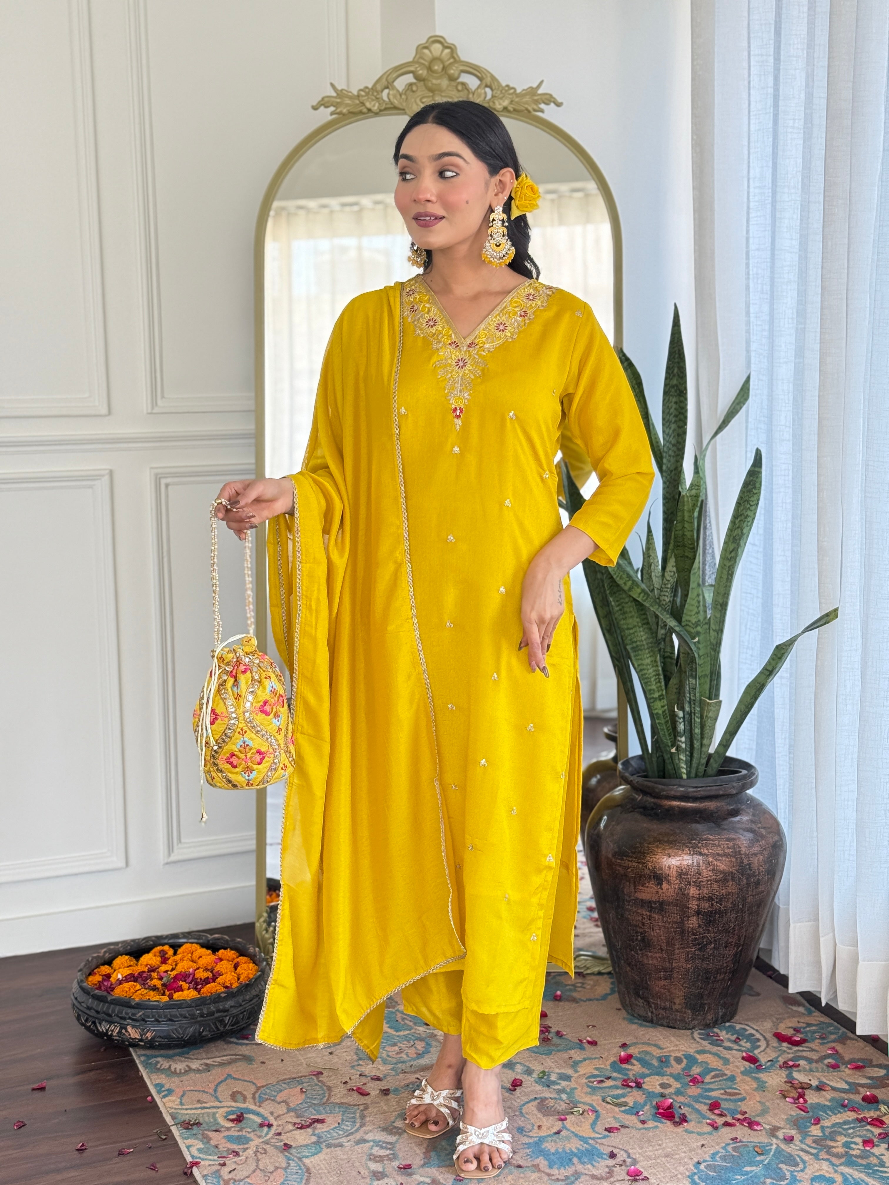 Festive Wear Yellow Color Vichitra With Embroidery Work 3 Piece Kurta Set