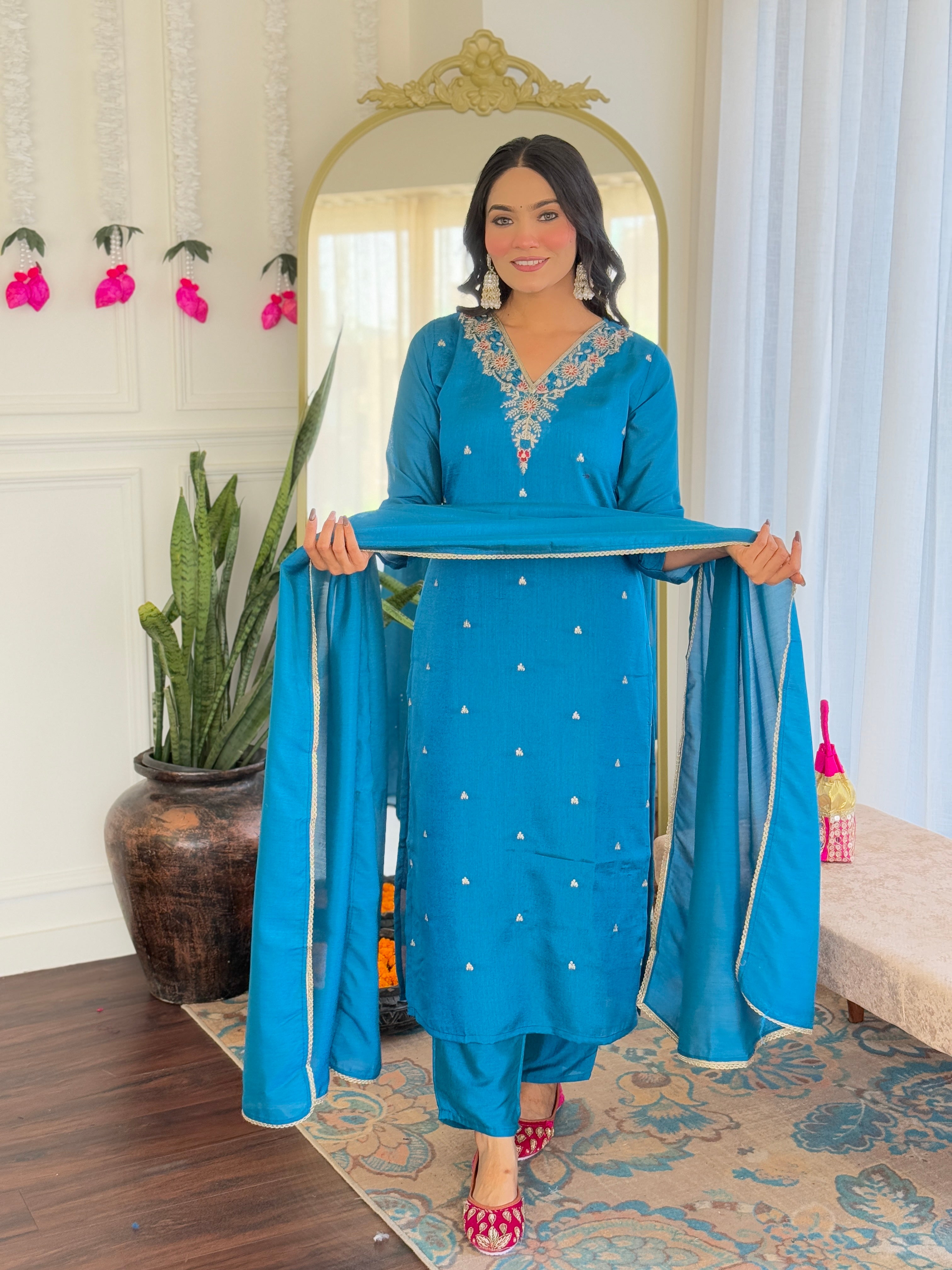 Festive Wear Sky Blue Color Vichitra With Embroidery Work 3 Piece Kurta Set