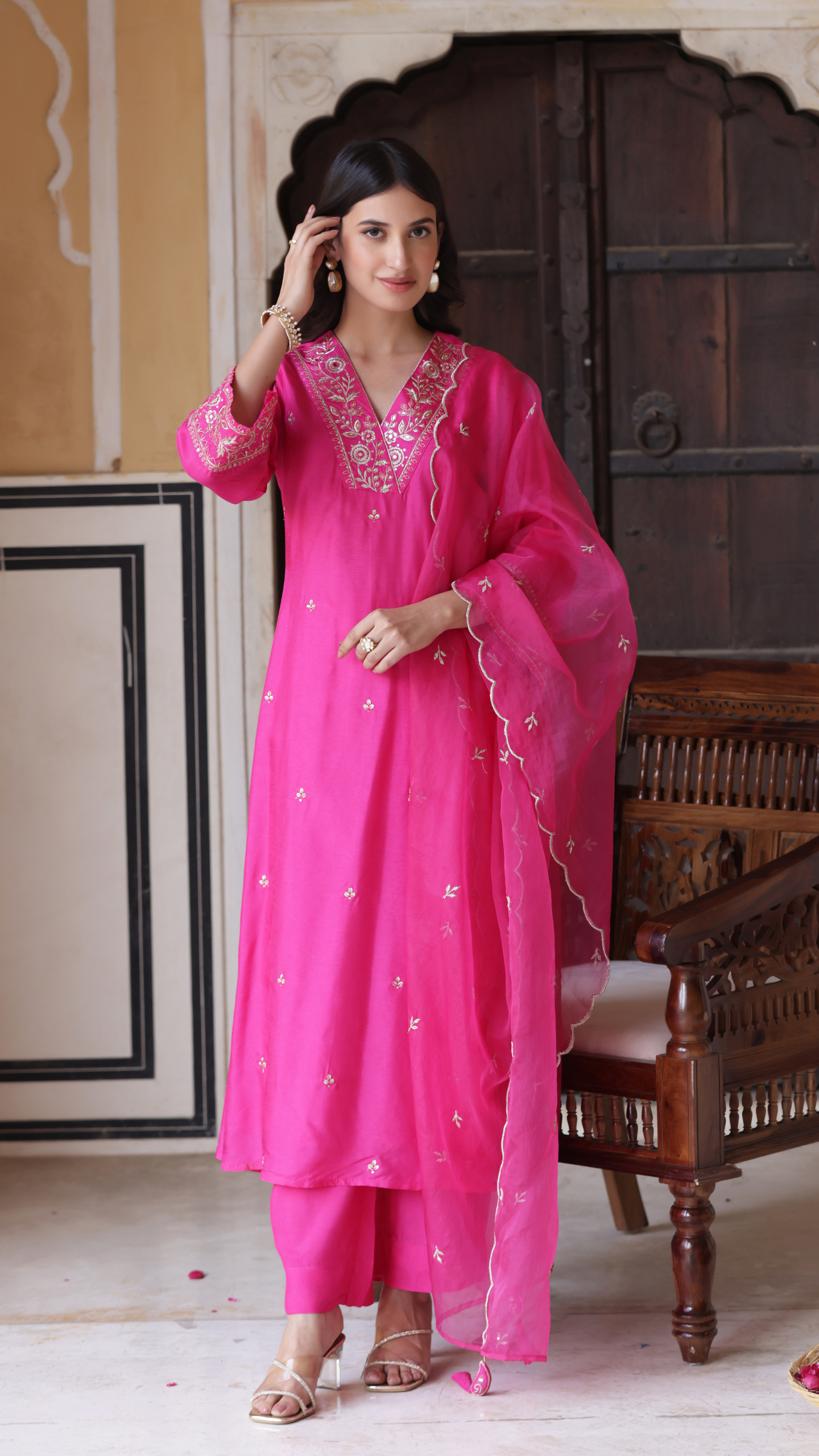 Mesmerizing Pink Color Chanderi Viscose With Embroidery Work Beautiful Kurta Set