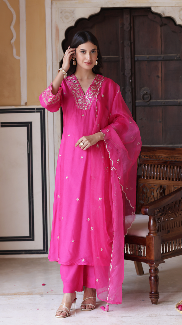 Mesmerizing Pink Color Chanderi Viscose With Embroidery Work Beautiful Kurta Set